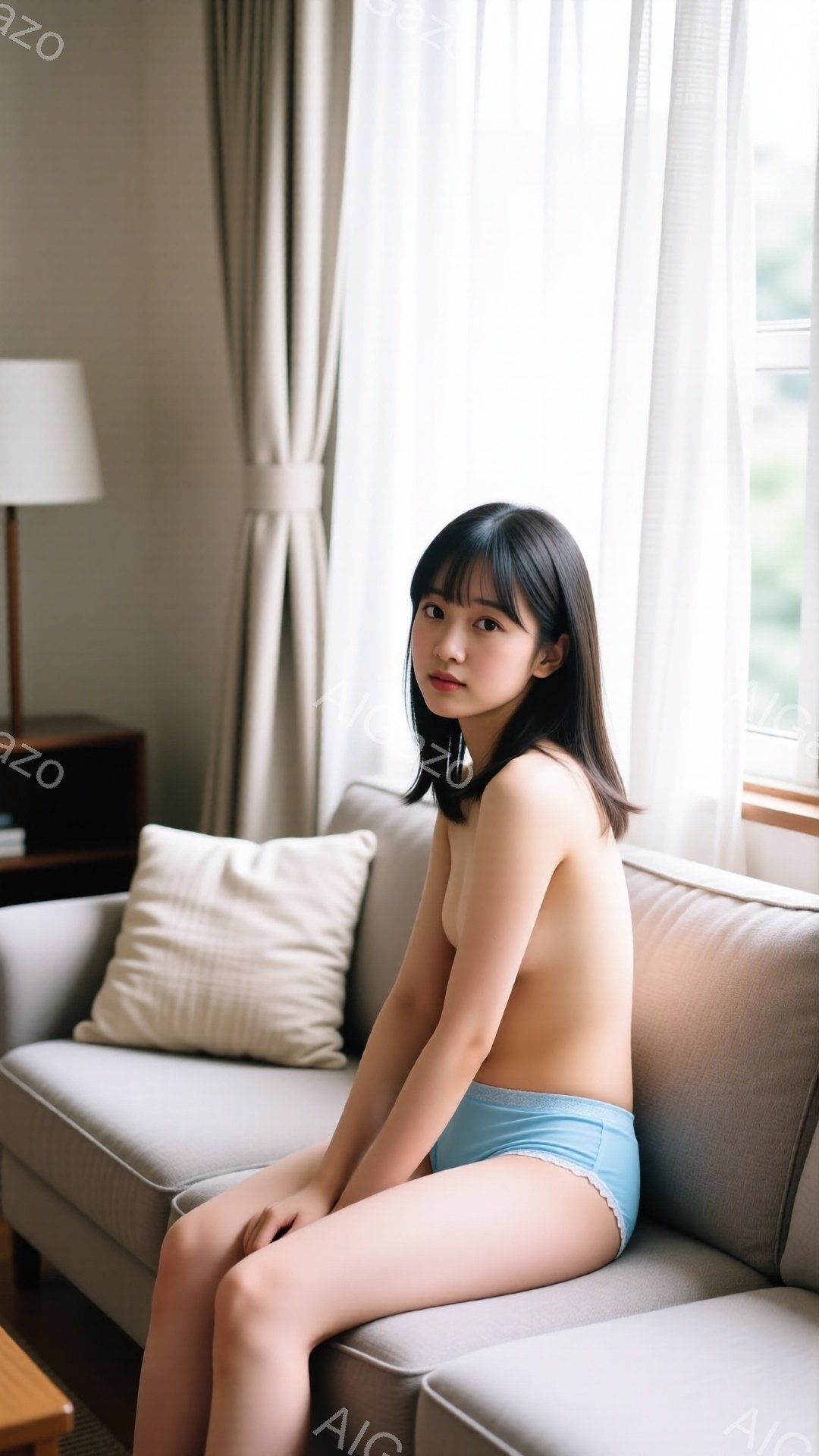 長い黒髪の女性が、薄い水色の下着だけを身につけ、明るいグレーのソファに座っています。彼女は正面を少し下を見ており、落ち着いた表情をしています。背景には、白いカーテンと木製の家具が見え、部屋全体が柔らかく自然光で満たされています。