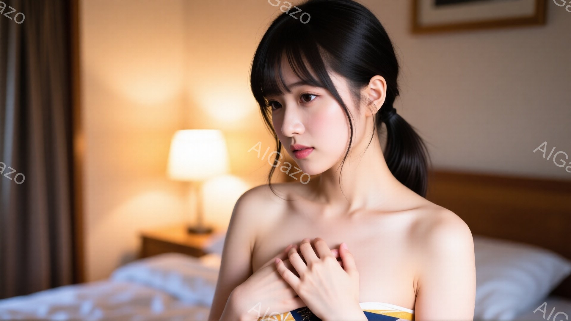 長い黒髪を後ろで一つに結んだ女性が、白いベッドの上で物憂げな表情を浮かべている。肩から胸元にかけての肌が露出し、鮮やかな柄の着物のような上着を着ている。背景には木製の家具と間接照明があり、全体的に落ち着いた温かい雰囲気を醸し出している。