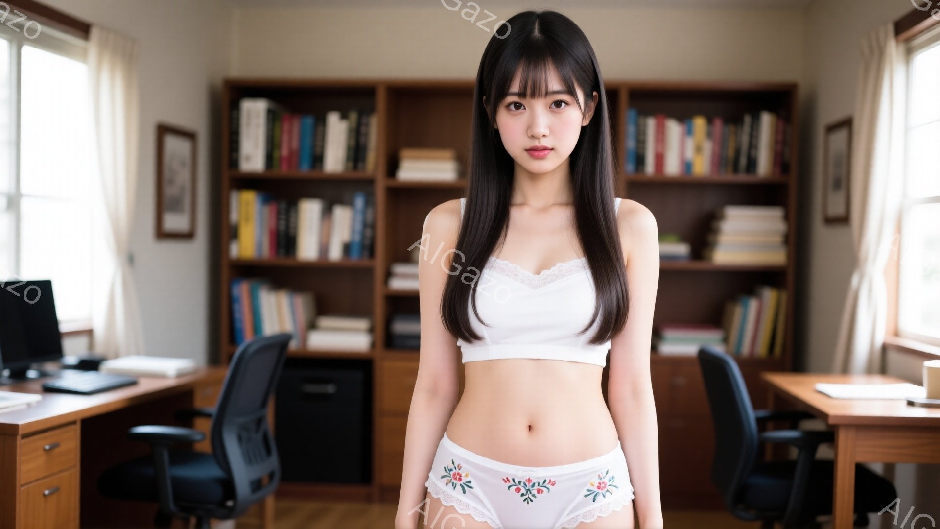 黒髪で前髪を下ろした女性が白いレースのブラと、花柄の白いショーツ姿で立っている。彼女はまっすぐ前を向き、わずかに微笑んでいる。背後には本棚が並び、両側に机と椅子が置かれた書斎のような空間が広がっている。