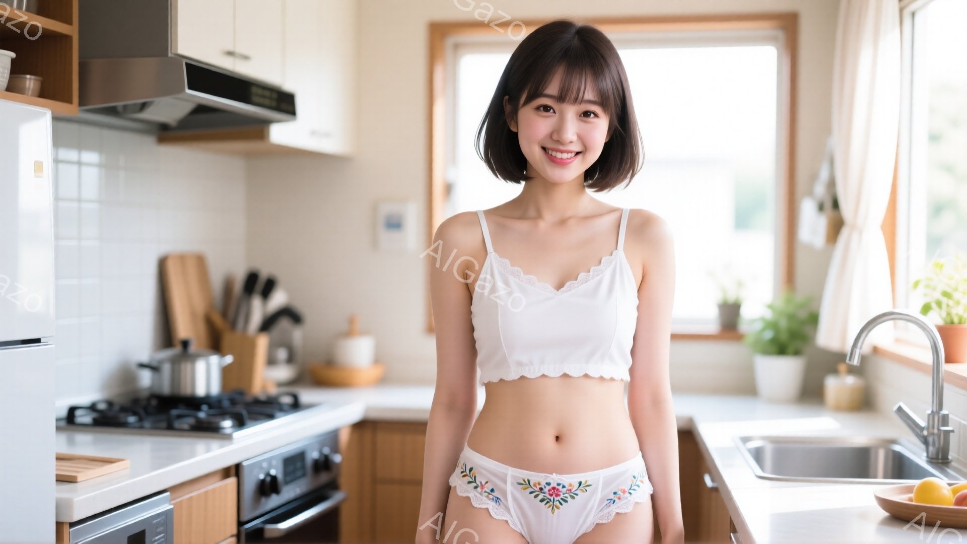 長い前髪と肩までの長さの髪を持つ若い女性が、白いレースのブラと刺繍が施された下着を着てキッチンに立っています。彼女は微笑んでおり、少し体を前に傾けています。背景には、調理器具やシンクのある明るく清潔な - AI生成フリー素材