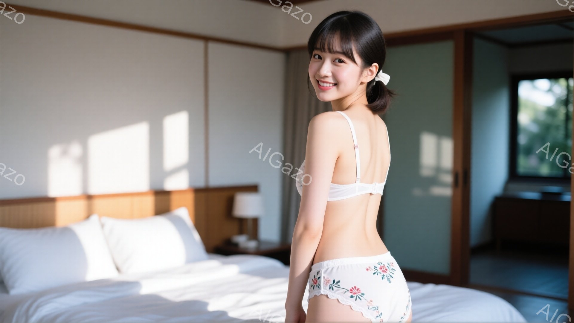 明るい室内で、若い女性が白いレースのブラジャーと花柄のパンツを身に着けて、カメラの方を振り返っています。彼女は長い黒髪を後ろでまとめ、微笑んでいます。背景には白いベッドと木製の家具が見え、窓からは自然光が差し込んで、温かくてリラックスした雰囲気を作り出しています。