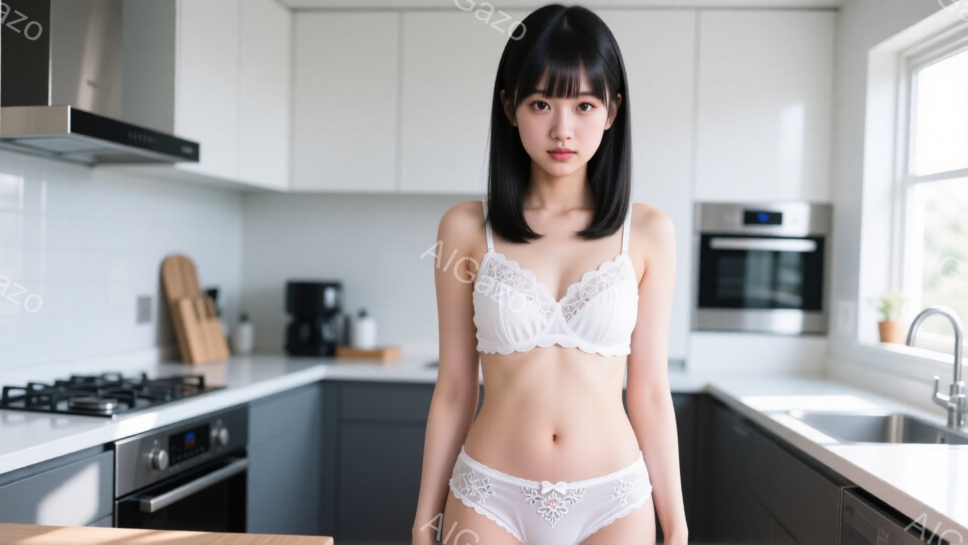 黒髪の女性が白いレースのブラジャーとショーツ姿で、キッチンに立っている。彼女は前髪を下ろしたストレートヘアで、落ち着いた表情で正面を見つめている。背景には、ステンレス製のキッチン家電や木製のカウンターがあり、明るく清潔な印象を与える。
