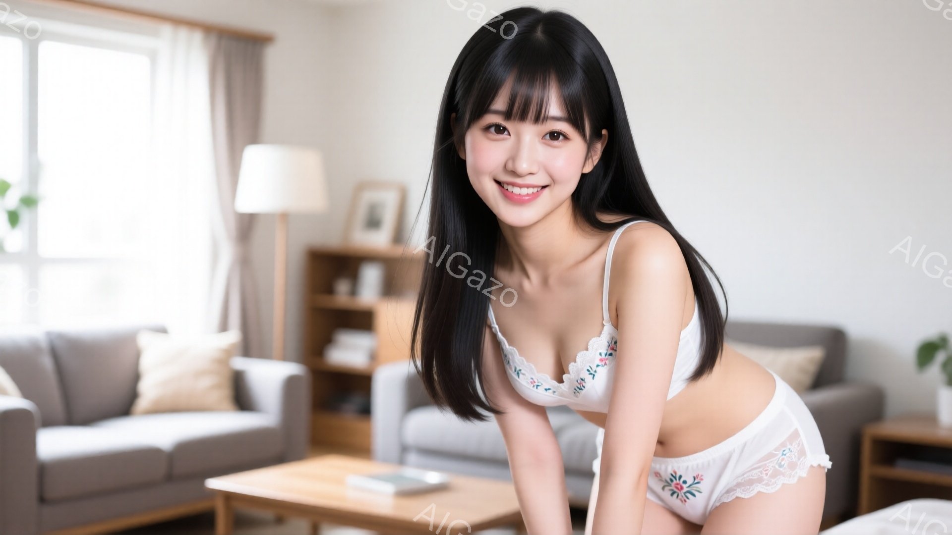 黒髪で前髪を揃えた女性が、白いレースのブラジャーとショーツ姿で微笑んでいます。彼女はソファーの前に置かれたローテーブルにもたれかかり、少し挑発的なポーズをとっています。背景にはグレーのソファーや本棚が見え、明るく整頓されたリビングルームの雰囲気です。