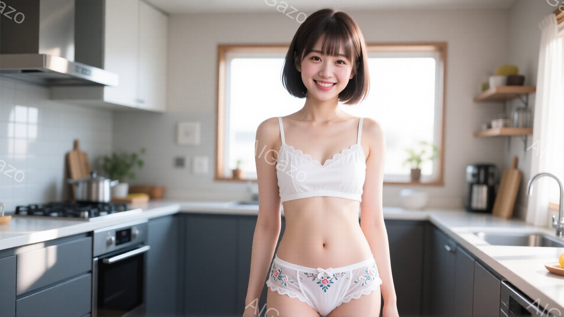 明るいキッチンを背景に、若い女性が白いレースのブラとショーツ姿で立っている。彼女は肩まで届く茶髪で、軽く微笑んでおり、姿勢はリラックスしている。キッチンはグレーのキャビネットと白いカウンターで構成され - AI生成フリー素材