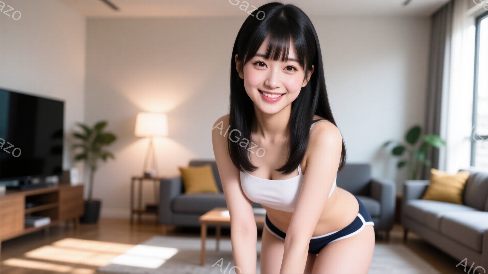 長い黒髪に前髪が特徴的な女性が、白いタンクトップと青い下着姿で、明るいリビングでポーズをとっています。彼女は微笑んでおり、少し腰を落としてカメラに向かって体を傾けています。背景には、グレーのソファや観 - AI生成フリー素材