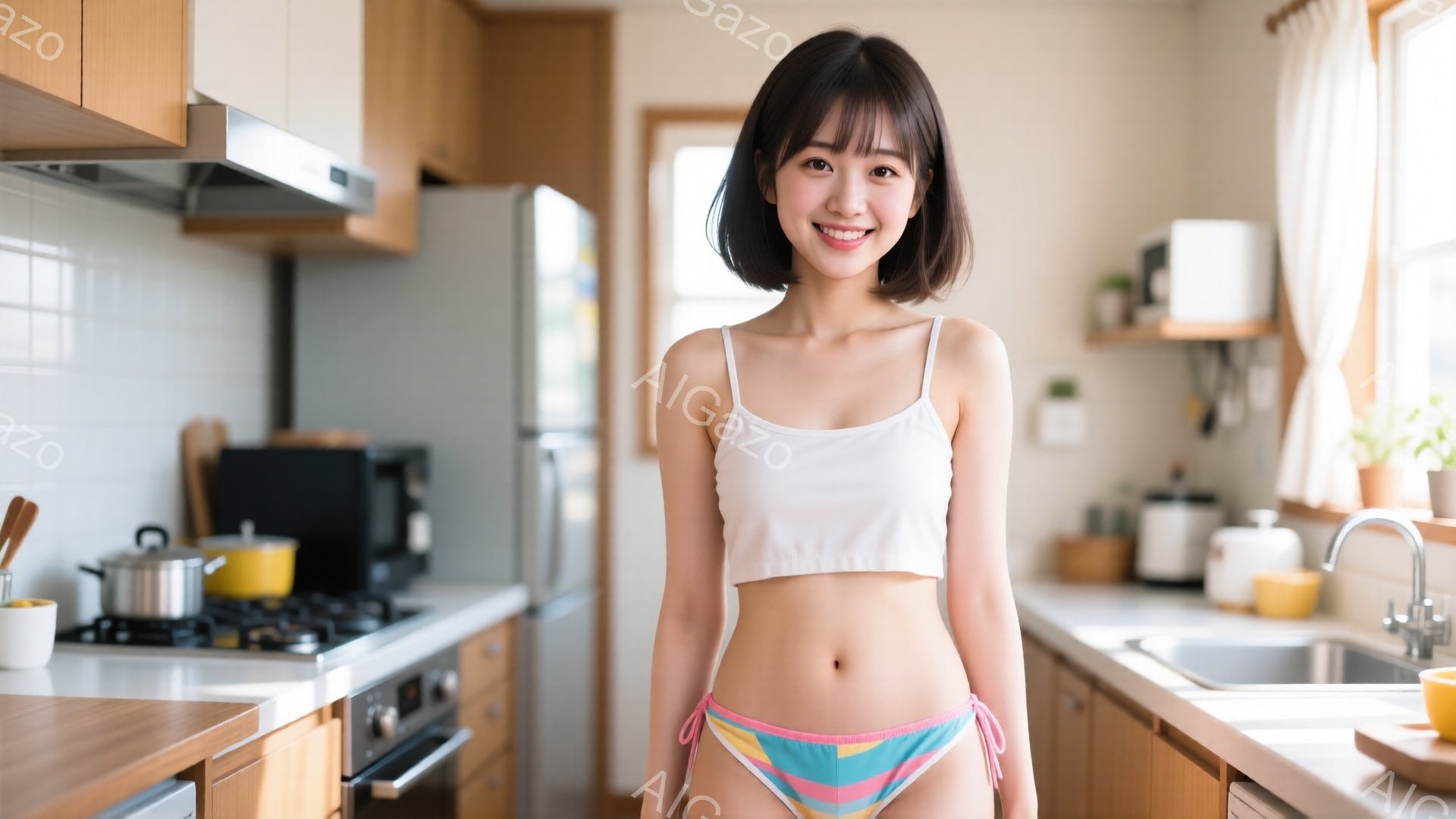 明るいキッチンを背景に、短い茶色の髪と前髪を持つ若い女性が立っています。白いタンクトップとカラフルなストライプのパンツを着用し、笑顔でカメラを見つめています。キッチンには調理器具や鍋、シンクなどがあり - AI生成フリー素材