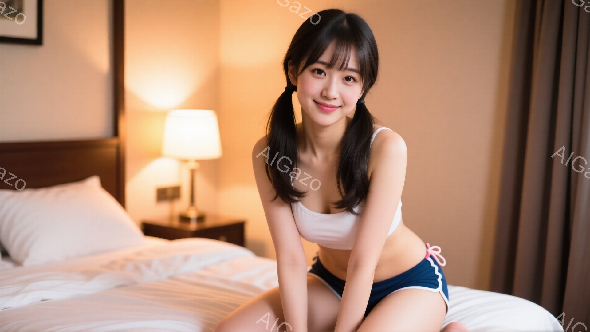 黒髪のツインテールに、白いタンクトップと紺色のショートパンツを着た若い女性がベッドに座っています。彼女は微笑んでおり、リラックスした雰囲気です。背景にはナイトスタンドとランプ、そして暗い色のカーテンが見え、室内は暖かい光で照らされています。