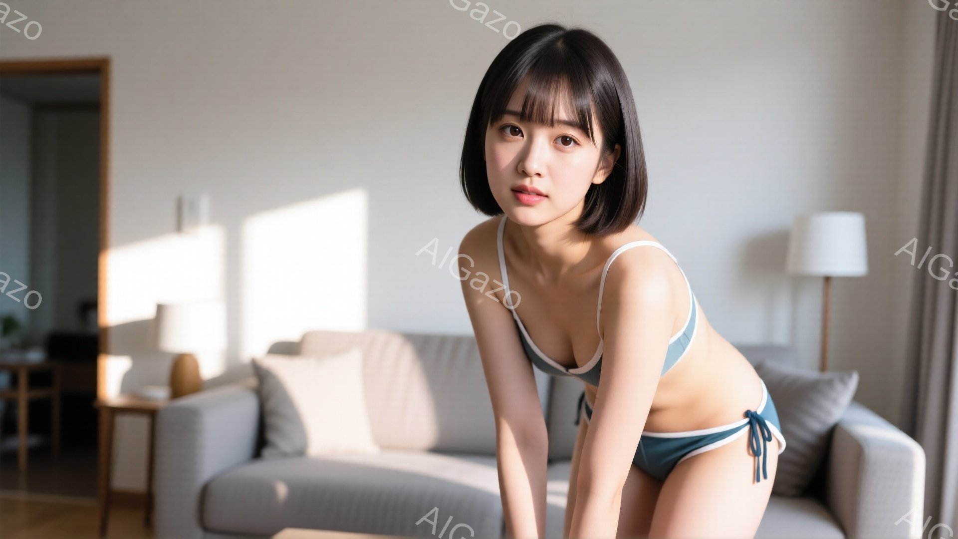 ショートヘアの女性が、青いブラトップとショーツ姿で、明るいリビングでポーズをとっています。彼女は少し体を丸め、カメラを見つめ、微笑んでいます。背景には、グレーのソファや木製のテーブルが見え、室内は自然光で照らされています。