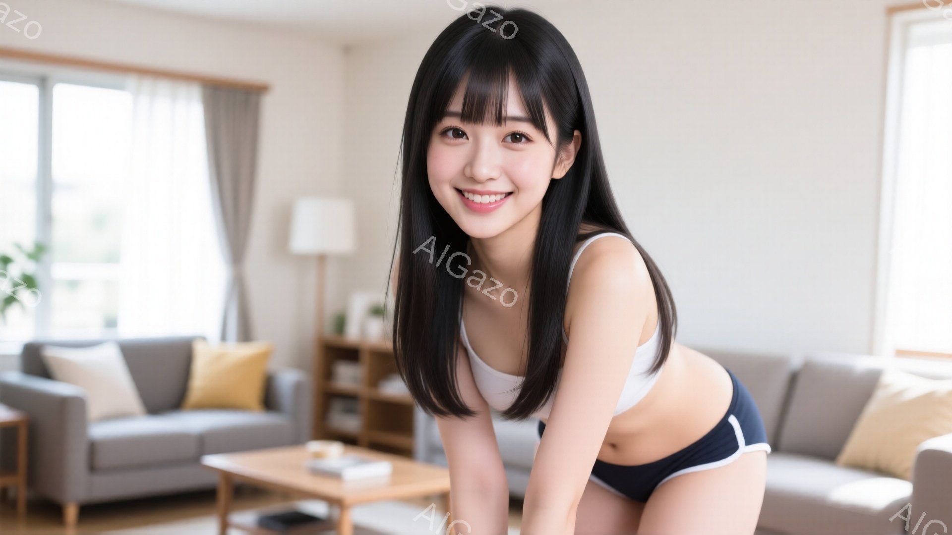若い女性が白いブラトップと紺色のショーツ姿で、少し腰を落としたポーズをとっています。彼女は微笑んでおり、長い黒髪は肩にかかっています。背景には、灰色のソファ、木製のローテーブル、そして窓から差し込む自然光のある明るいリビングルームが見えます。