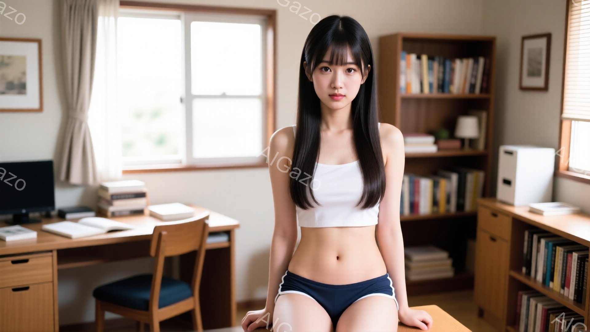 黒髪の長い女性が、白いスポーツブラと紺色のショートパンツ姿で椅子に座っています。彼女はやや微笑んでいて、視線はカメラの方を向いています。背景には木製の机、本棚、そして窓からの自然光が見え、明るく穏やかな雰囲気です。