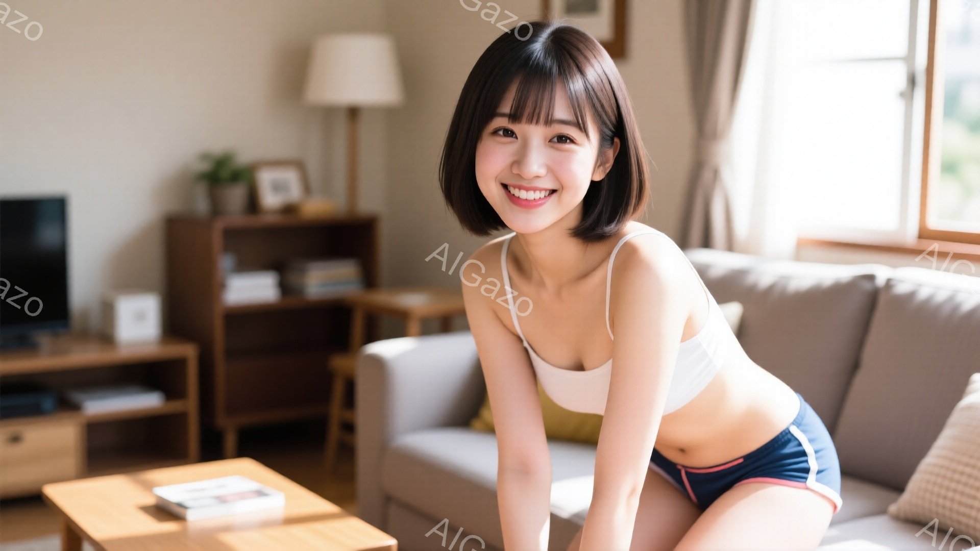 画像には、明るいリビングルームで笑顔の若い女性が写っています。彼女は白いキャミソールと紺色のショートパンツを身につけ、髪は前髪を伸ばしたショートボブスタイルです。背景には木製の棚、ソファー、そして窓から見える緑が見え、暖かくリラックスした雰囲気が漂っています。
