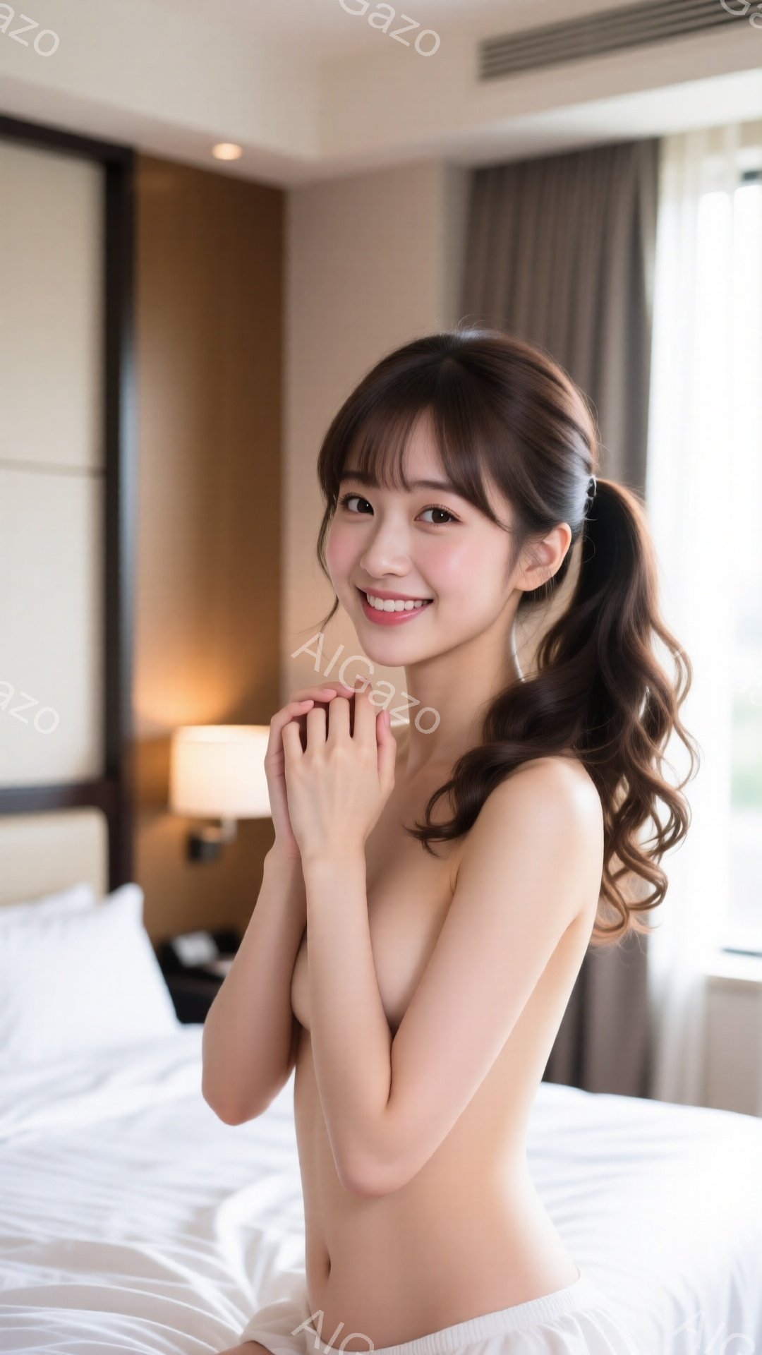 長い茶色の髪をハーフアップにし、顔には微笑みが浮かんでいる女性が写っています。白いベッドに腰掛け、両手を重ねて頬の近くに当てています。背景には、窓から差し込む光と、ベッドサイドランプが見え、室内は明るく落ち着いた雰囲気です。