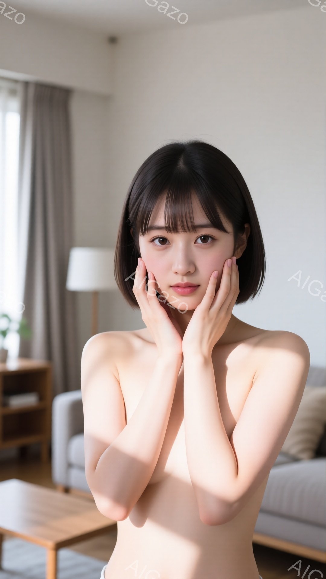 ショートヘアの女性が、両手で頬を抱え、微笑んでいます。彼女は上半身裸で、白い下着をつけており、背景にはリビングルームのような空間が広がっています。明るい日差しが差し込み、穏やかで親密な雰囲気を醸し出しています。