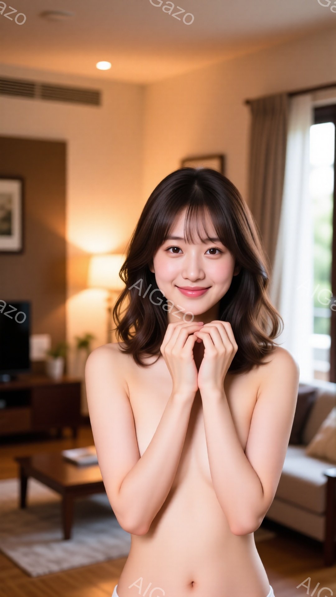 明るいリビングで、若い女性が微笑んでいます。彼女は肩出しで、白い下着を身に着け、両手で頬を抱えながらカメラを見つめています。背景には、薄い木製の家具と大きな窓があり、温かく穏やかな雰囲気が漂っています。