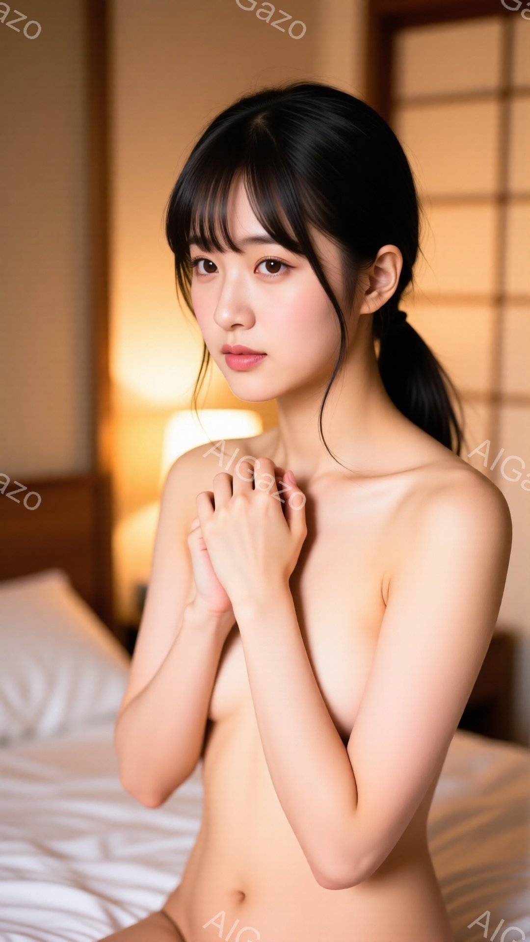 長い黒髪をハーフアップにし、前髪を流した若い女性が写っている。彼女は白いベッドに座り、両手を胸の前で組んでいる。背景には木製の格子模様の壁とぼんやりとした光が見え、穏やかでプライベートな雰囲気を醸し出している。