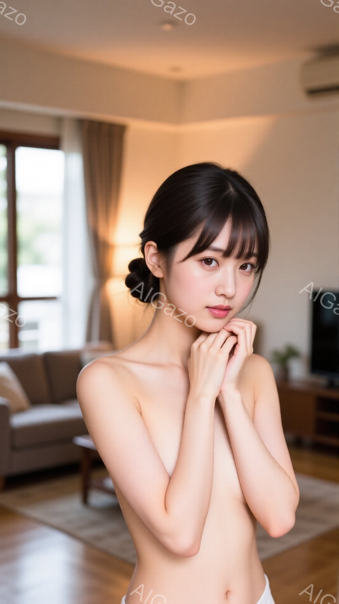 室内で、黒髪を後ろでまとめた若い女性が立っています。彼女は上半身裸で、両手を頬に当て、穏やかで内気な表情をしています。背景には、ソファとテレビのあるリビングルームがあり、暖色系の照明が柔らかい雰囲気を醸し出しています。