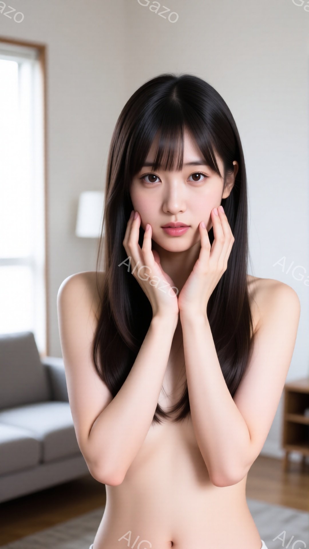 長い黒髪の女性が、両手で頬を抱え、カメラに向かって微笑んでいます。彼女は上半身裸で、白いボトムスを着用し、明るい室内でリラックスした姿勢を見せています。背景には、ソファーや木製の家具が見え、全体的に柔らかく穏やかな雰囲気が漂っています。