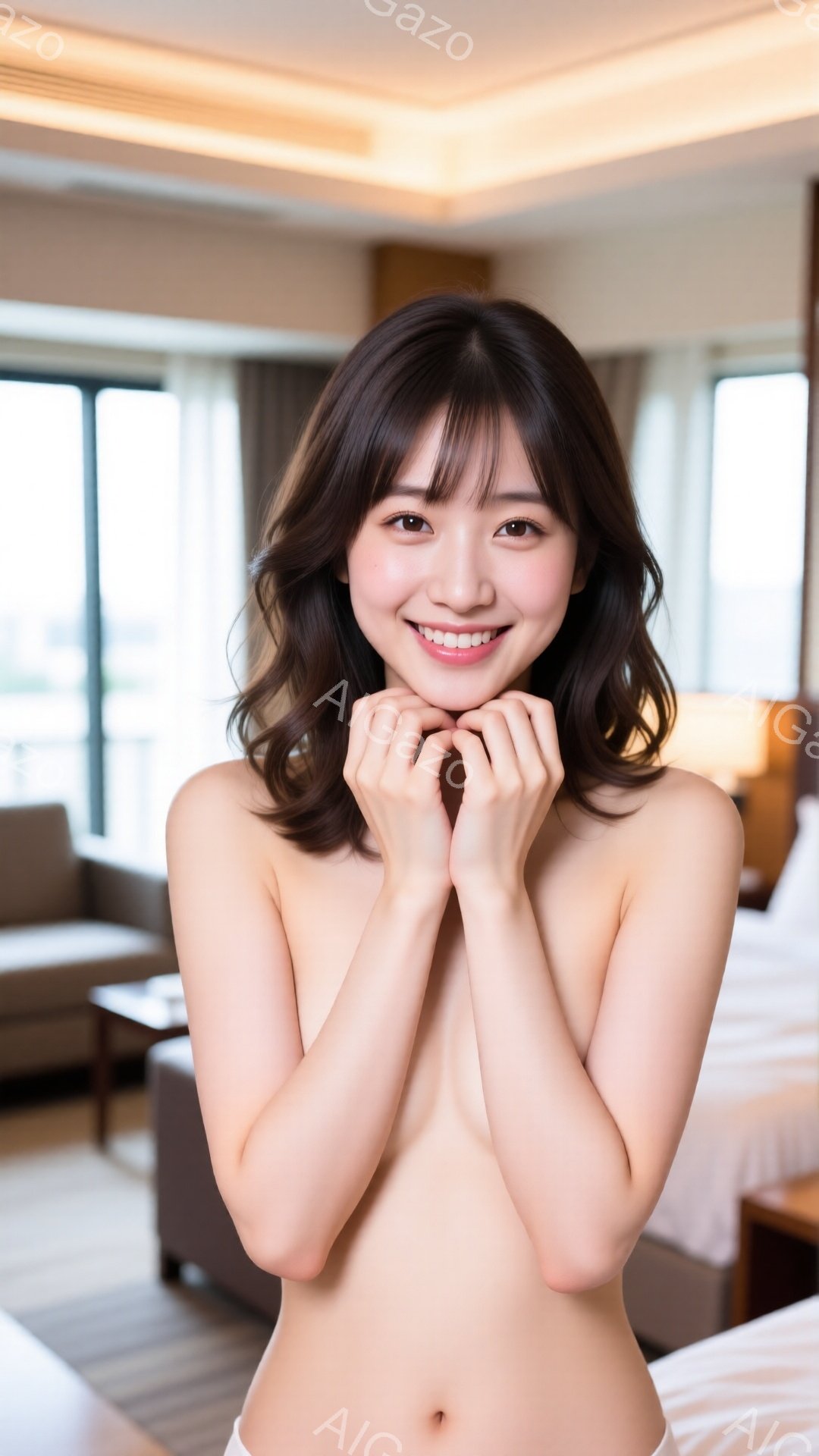 長い黒髪を肩でカールさせた女性が、白いベッドの前に立っています。彼女は微笑んでおり、両手で頬を包んでいます。背景には、明るい室内と窓から見えるぼやけた景色が見えます。