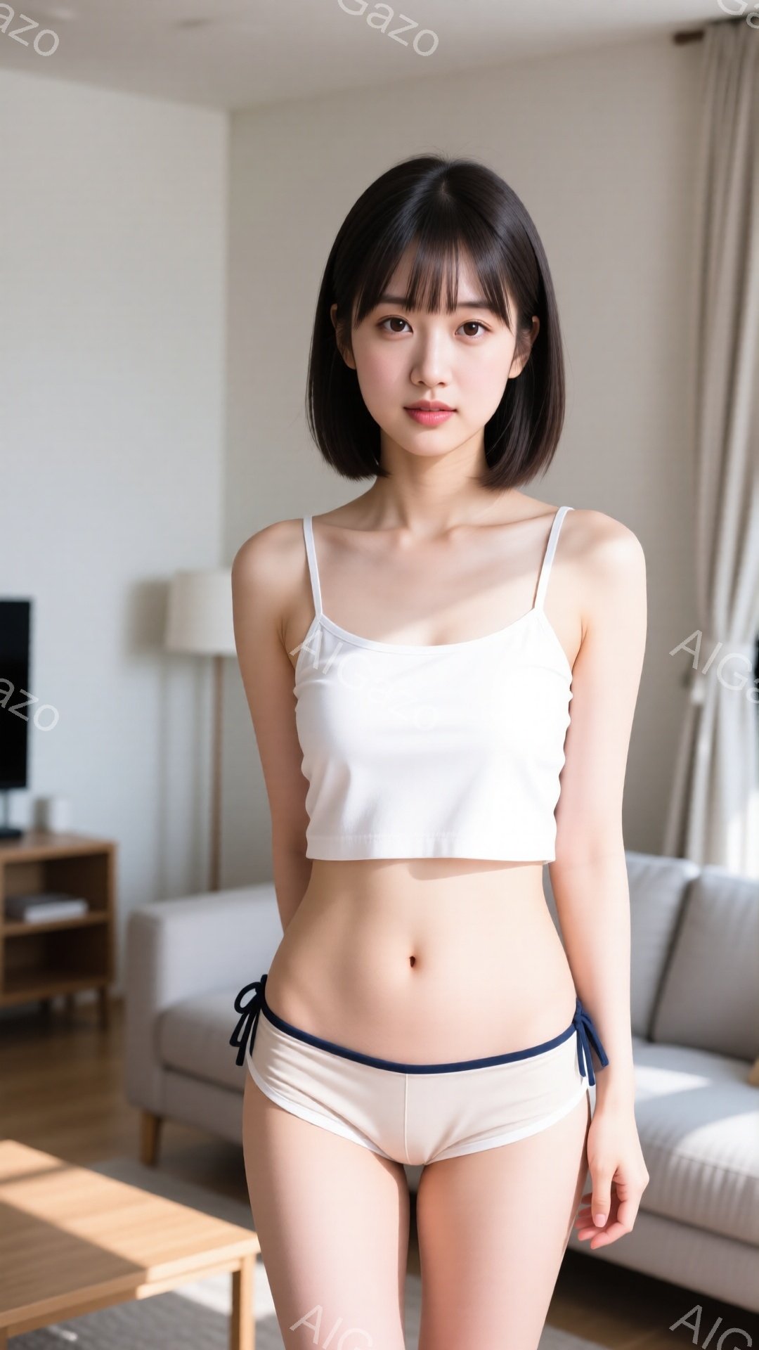 ショートヘアの若い女性が白いタンクトップとベージュのローライズショーツを着用して立っている。彼女はカメラを見つめ、穏やかな表情を浮かべており、姿勢はまっすぐでリラックスしている。背景には明るいリビングルームがあり、ソファ、棚、そして日差しが差し込む窓が見える。