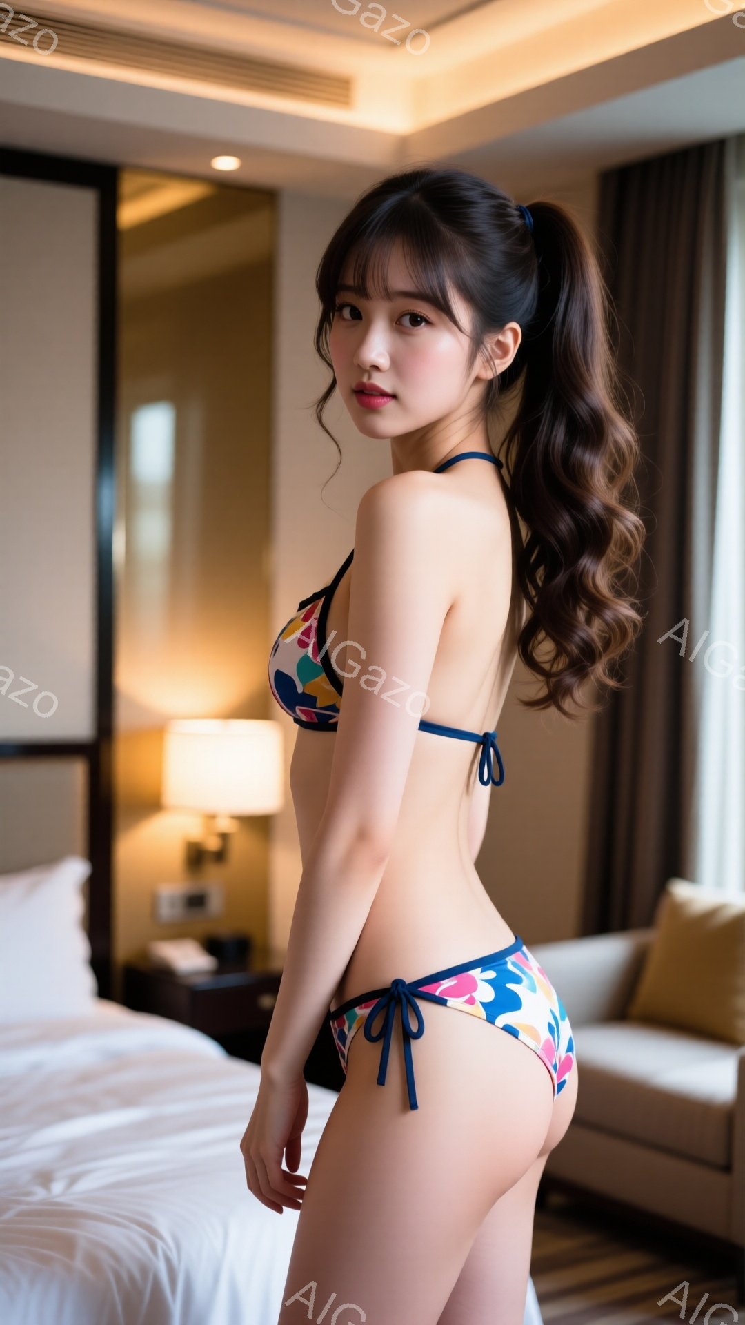 長い巻き毛のポニーテールに整えられた女性が、カラフルな花柄のビキニを着てベッドのそばに立っています。彼女は少し振り返り、カメラに向かって微笑んでいます。背景には、暖色系のインテリアと、間接照明が差し込むホテルの一室が見えます。