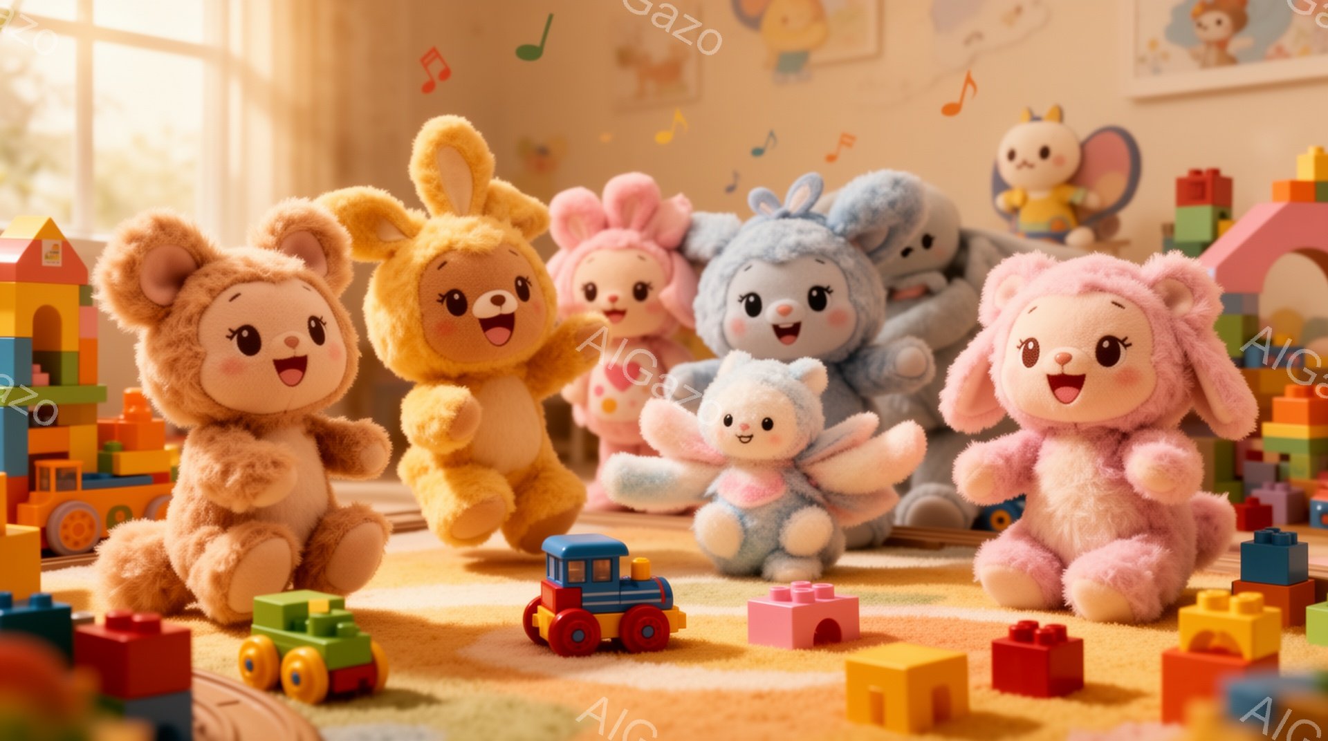 画像には、様々な色のふわふわしたぬいぐるみたちが、カラフルなブロックのおもちゃに囲まれて集まっています。それぞれのぬいぐるみは愛らしい表情で、楽しそうにポーズをとっており、ピンク、茶色、水色、ベージュなどのパステルカラーで統一されています。背景には、おもちゃの電車や、積み木で作られたシンプルな構造物があり、暖かく、遊び心にあふれた雰囲気を醸し出しています。