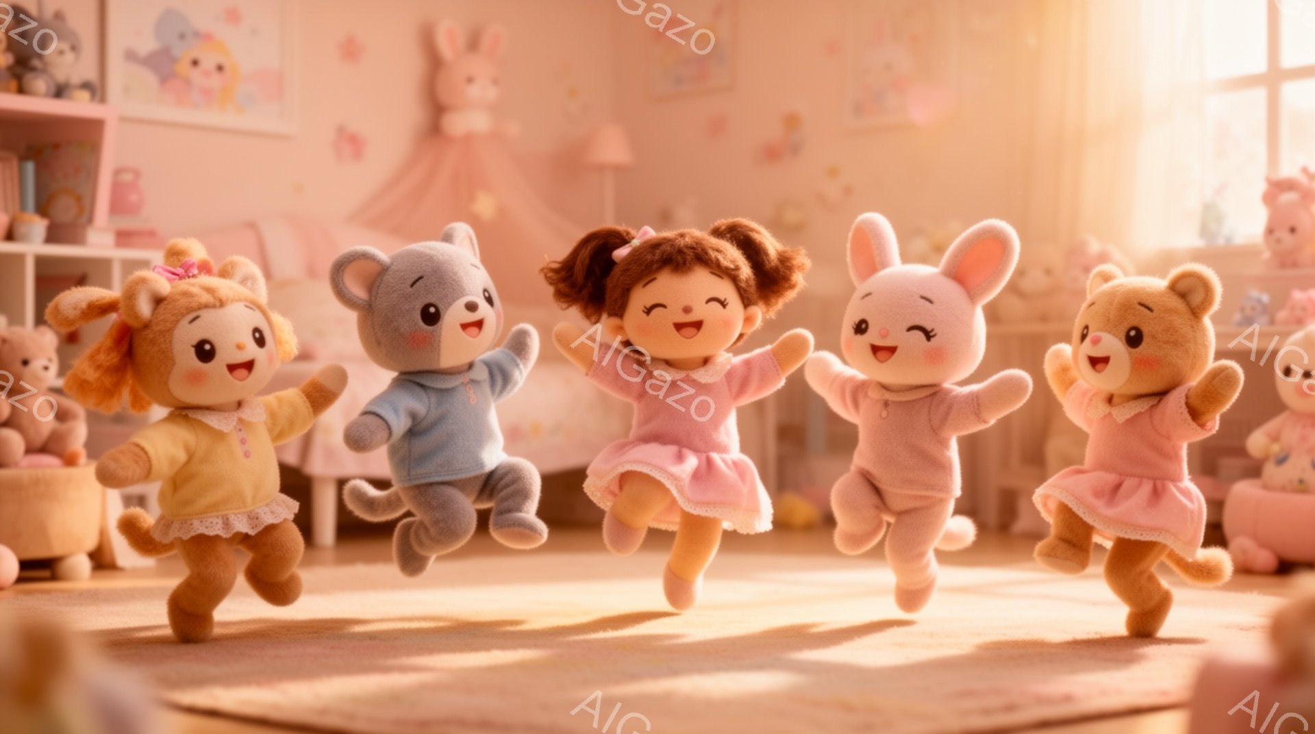 可愛らしいぬいぐるみが四体、ピンクがかった部屋で飛び跳ねている。それぞれ、くま、うさぎ、子犬、そしてライオンの姿をしており、明るい色の服を着て、嬉しそうな表情を浮かべている。背景には、おもちゃや家具が配置され、暖かく、遊び心のある雰囲気が漂っている。