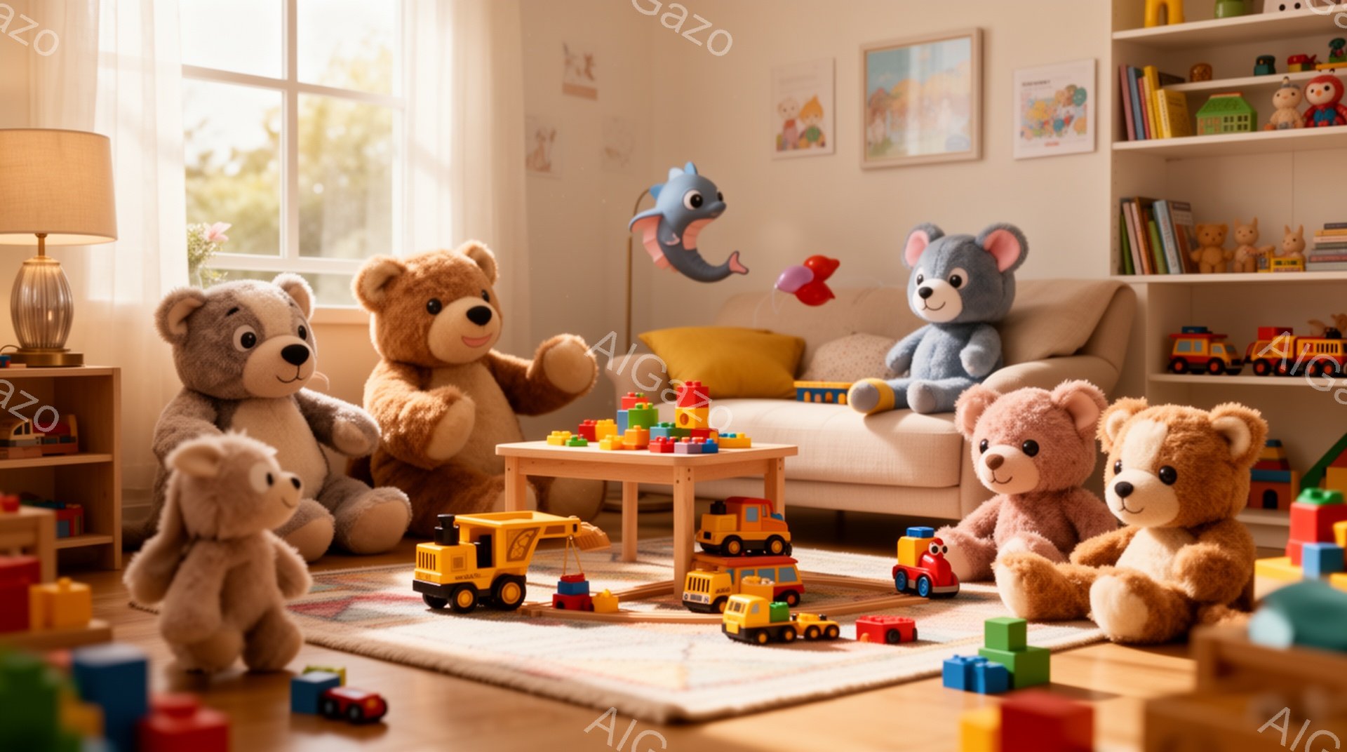 暖色系のリビングルームで、様々な大きさのテディベアたちが集まって遊んでいる様子が描かれています。テディベアたちは、積み木や建設車両の玩具を囲み、リラックスした雰囲気で時間を過ごしています。背景には、本棚、ソファ、窓からの自然光が見え、温かく、遊び心あふれる空間を作り出しています。