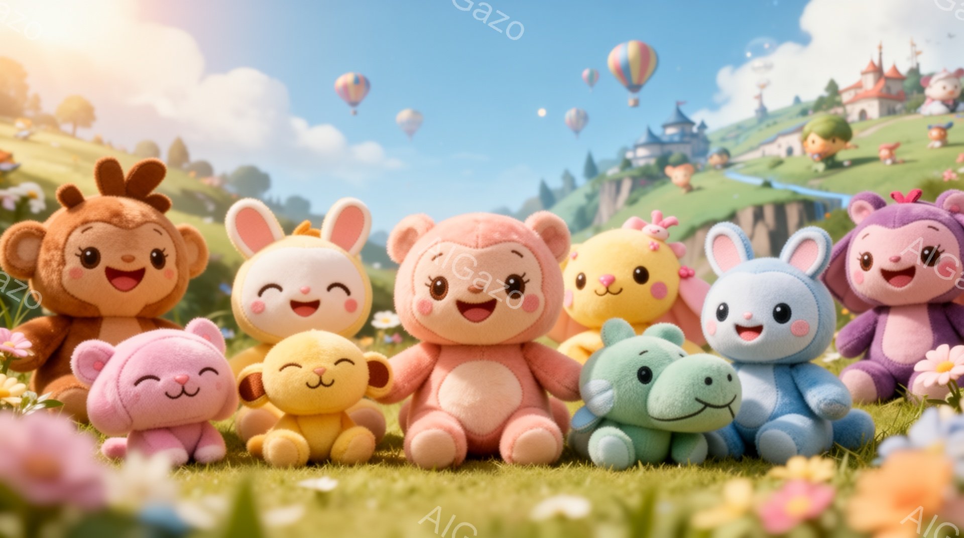 カラフルなぬいぐるみたちが緑の草原に並んで座っています。それぞれ異なる動物をモチーフにしており、ピンク、紫、水色、黄色、オレンジ、白などのパステルカラーで愛らしい表情をしています。背景には、丘、お城、カラフルな風船が浮かび、晴天の下、暖かく穏やかな雰囲気です。