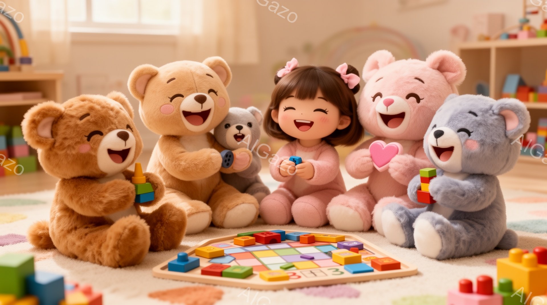 ピンク色のパジャマを着た幼い女の子が、茶色、ベージュ、水色の大きなテディベアたちに囲まれて床に座っています。彼女は笑顔で赤いブロックを手に持ち、テディベアたちはそれぞれカラフルなブロックや木のおもちゃを抱えています。背景には、おもちゃが並んだ棚があり、温かく、遊び心あふれる雰囲気が漂っています。