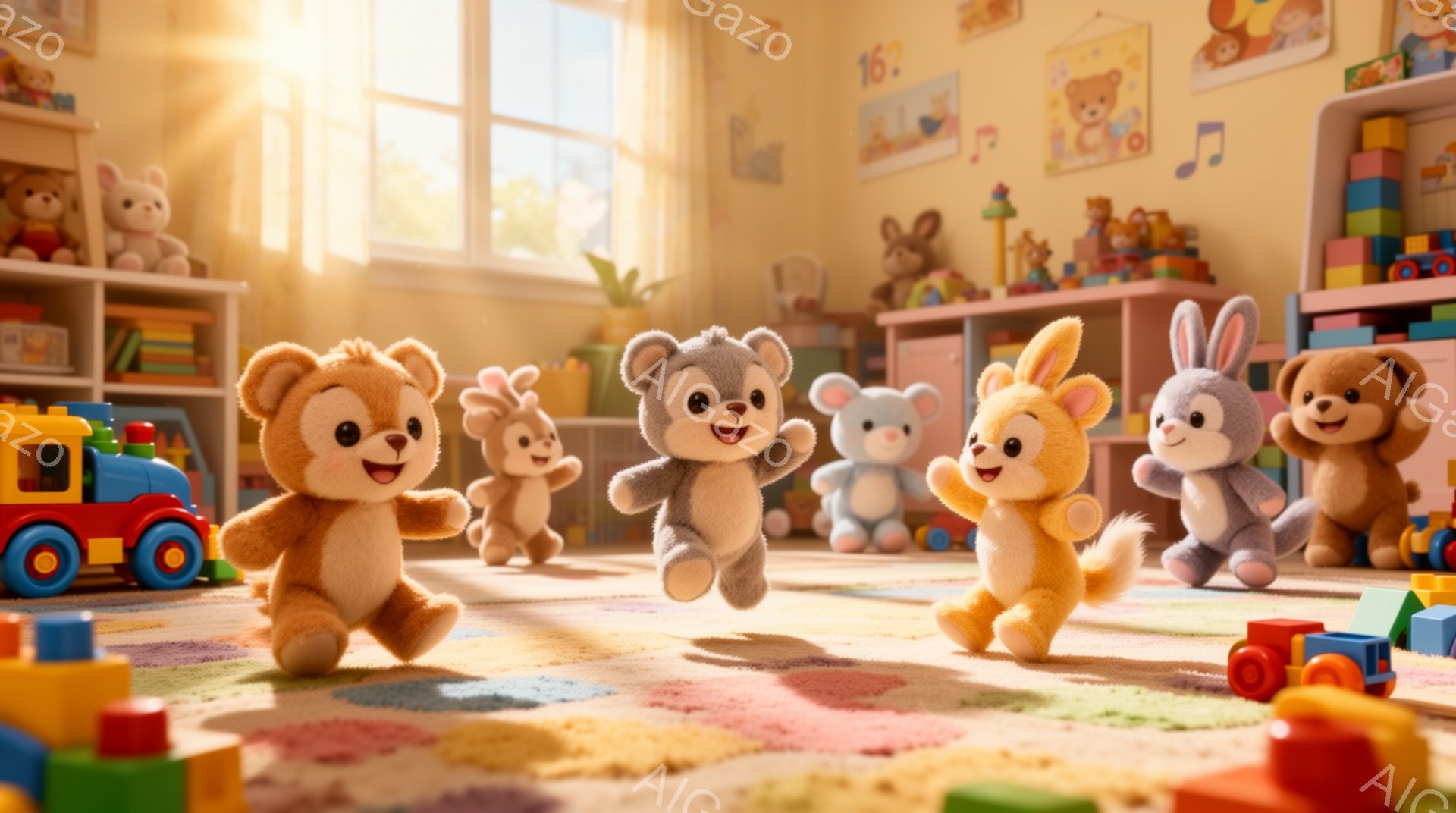 鮮やかな子供部屋で、様々な動物のぬいぐるみたちが楽しそうに踊っています。それぞれのぬいぐるみは可愛らしい表情をしており、明るい色彩と遊び心あふれる背景が、暖かく楽しい雰囲気を演出しています。積み木やミニカーが散らばる床の上で、ぬいぐるみたちは活気に満ちた瞬間を捉えられています。