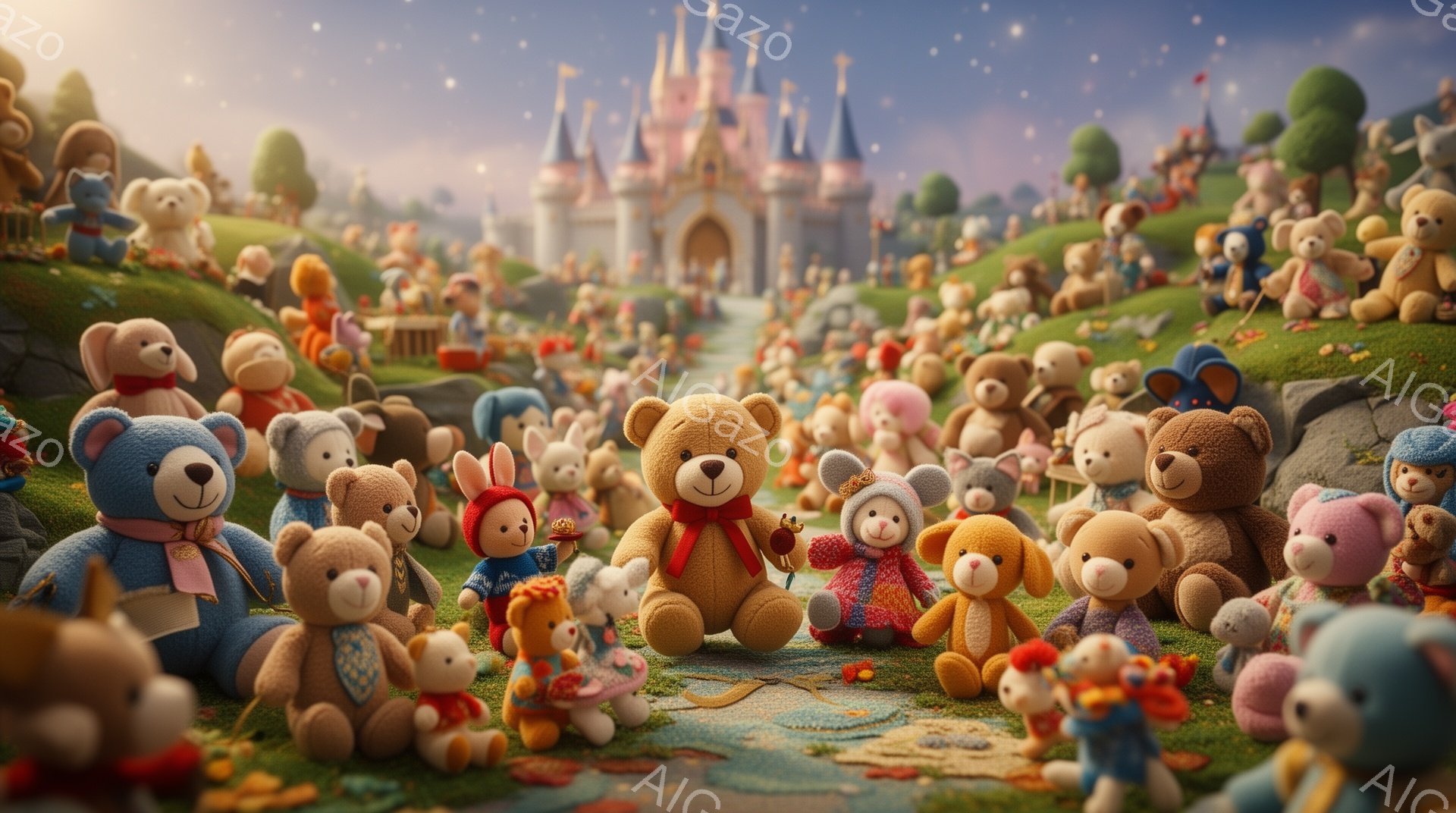 広大な緑の丘に、様々な種類のぬいぐるみたちが密集して集まっています。遠景にはおとぎ話のような美しい城がそびえ立ち、空には星が輝き、幻想的な雰囲気を醸し出しています。ぬいぐるみたちはそれぞれ異なる服装を身につけ、楽しげなポーズで地面に座ったり、立ち上がったりして賑やかな光景を作り出しています。