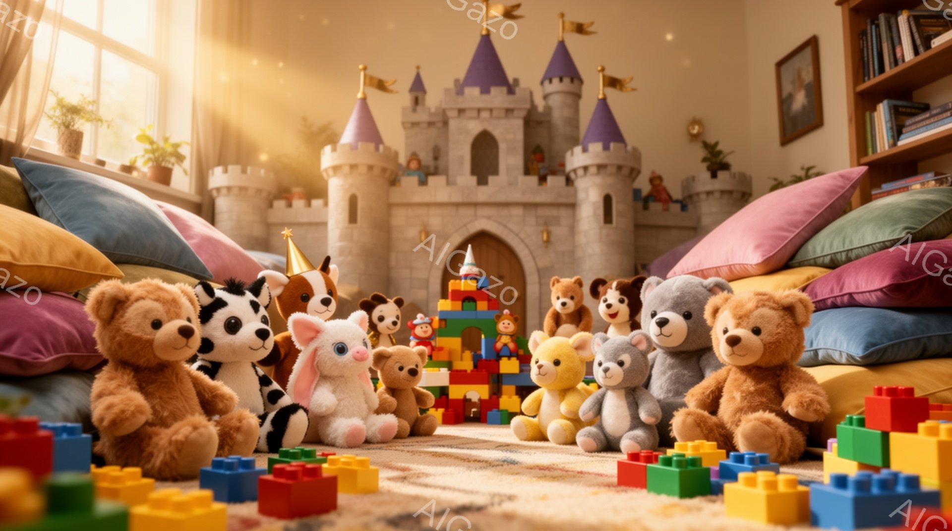多くのぬいぐるみたちが、カラフルなブロックの敷かれた部屋の中で集まっています。背景にはお城の形をしたおもちゃの家と本棚があり、窓から差し込む光が暖かく、遊び心あふれる雰囲気を醸し出しています。全体的に、子供部屋の温かく楽しい光景が表現されています。
