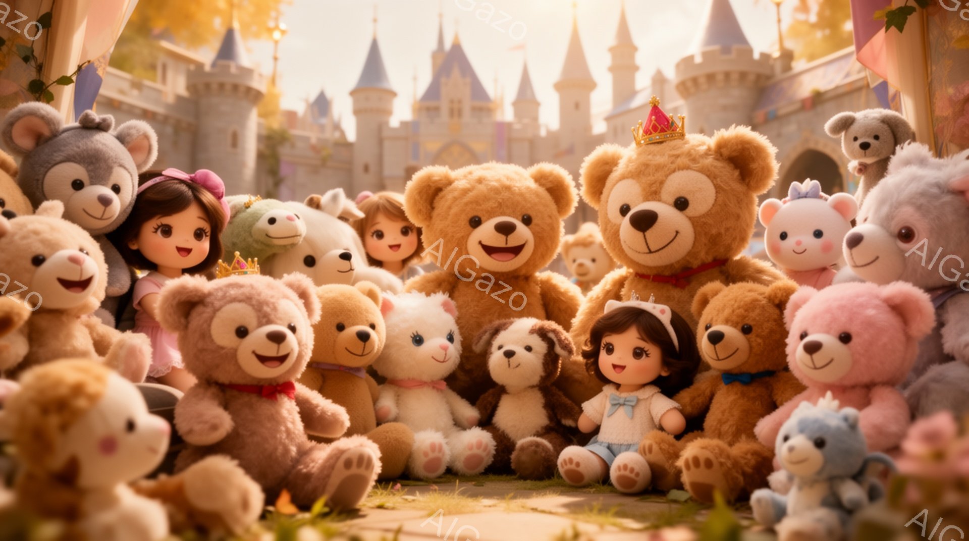 多くのテディベアと人形が、お城を背景に集まっている様子が描かれています。人形たちは可愛らしいドレスやヘアスタイルで、笑顔を見せており、テディベアたちはそれぞれ異なる色合いと表情で、温かい雰囲気を醸し出しています。お城はファンタジー調で、背景には自然の緑と青空が広がり、まるで夢のような世界を表現しています。