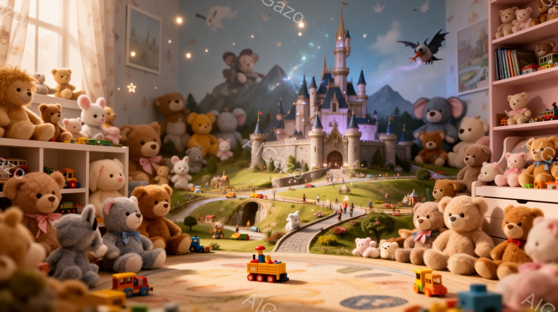 部屋には無数のテディベアやぬいぐるみたちが所狭しと並べられています。背景にはおとぎ話のような城と緑豊かな丘陵地帯が広がり、線路が敷かれたミニチュアの遊園地のような風景が広がっています。明るい日差しと空には花火が打ち上げられており、全体的に夢見心地で温かい雰囲気です。