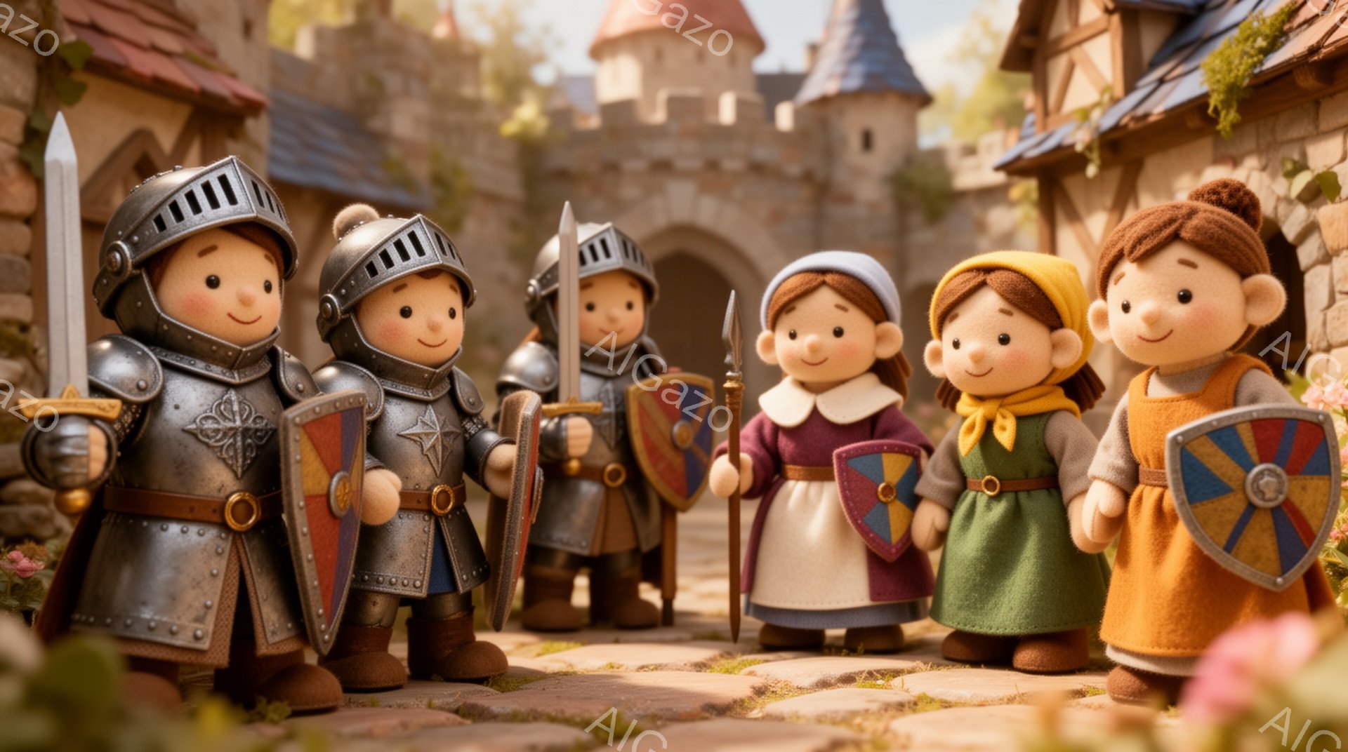 この画像には、中世風の街並みを背景に、鎧を着た３人の男の子と、中世風のドレスを着た３人の女の子が描かれています。男の子たちはそれぞれ剣と盾を持って凛々しい表情で立っており、女の子たちは盾を持ち、優しげな笑顔を浮かべています。背景には石畳の道、咲き誇る花々、そして古城のような建物が見え、全体的に暖かく、絵本のような雰囲気を醸し出しています。