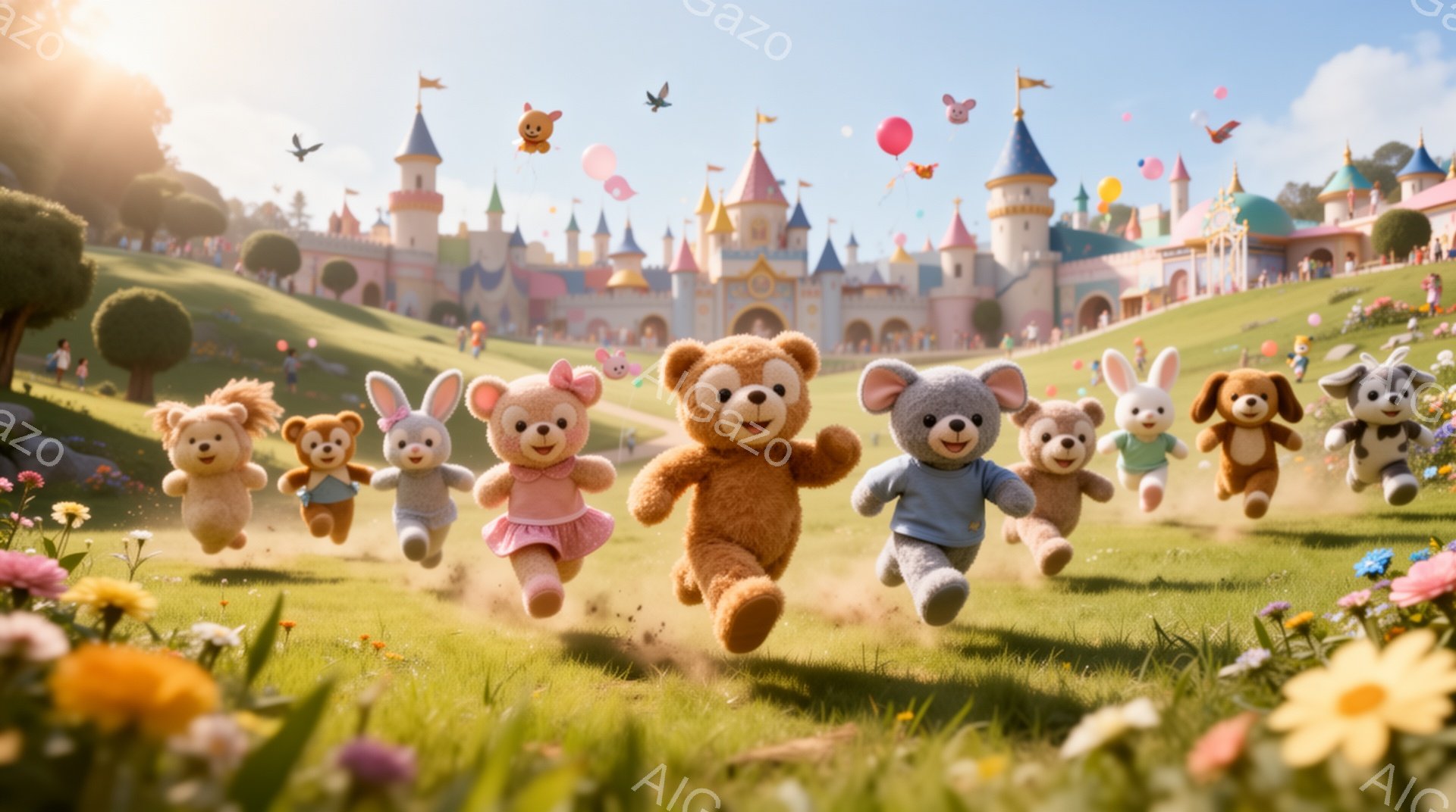 鮮やかな緑の草原を、様々な動物のぬいぐるみが楽しそうに走り去っている様子が描かれている。背景には、お城やカラフルな建物が並び、青空には風船や鳥が舞っている。全体的に明るく、夢のような、お祝いの雰囲気が漂っている。