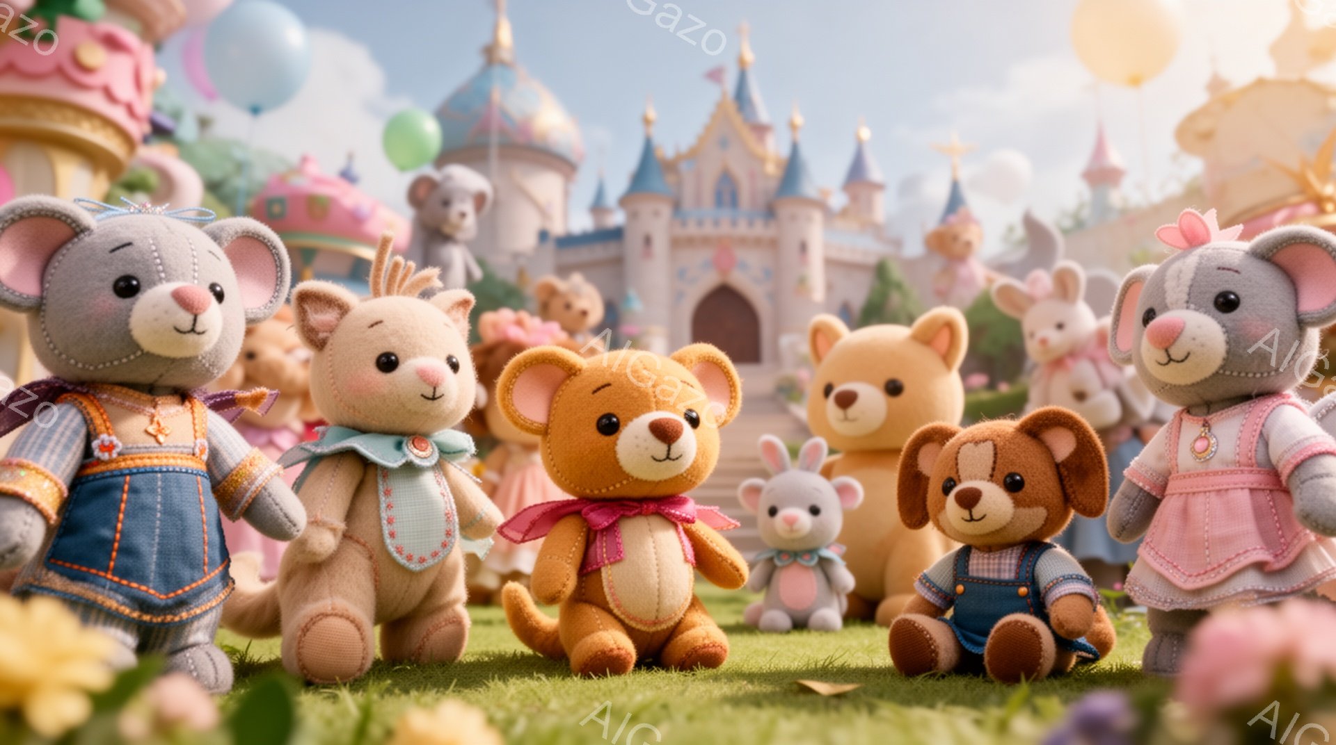 ぬいぐるみたちが緑の芝生の上に並んで立っています。背景には、お城やカラフルな建物が立ち並び、遊園地のような賑やかな雰囲気です。ぬいぐるみたちはそれぞれ異なる服装をしており、明るい表情で楽しんでいるようです。