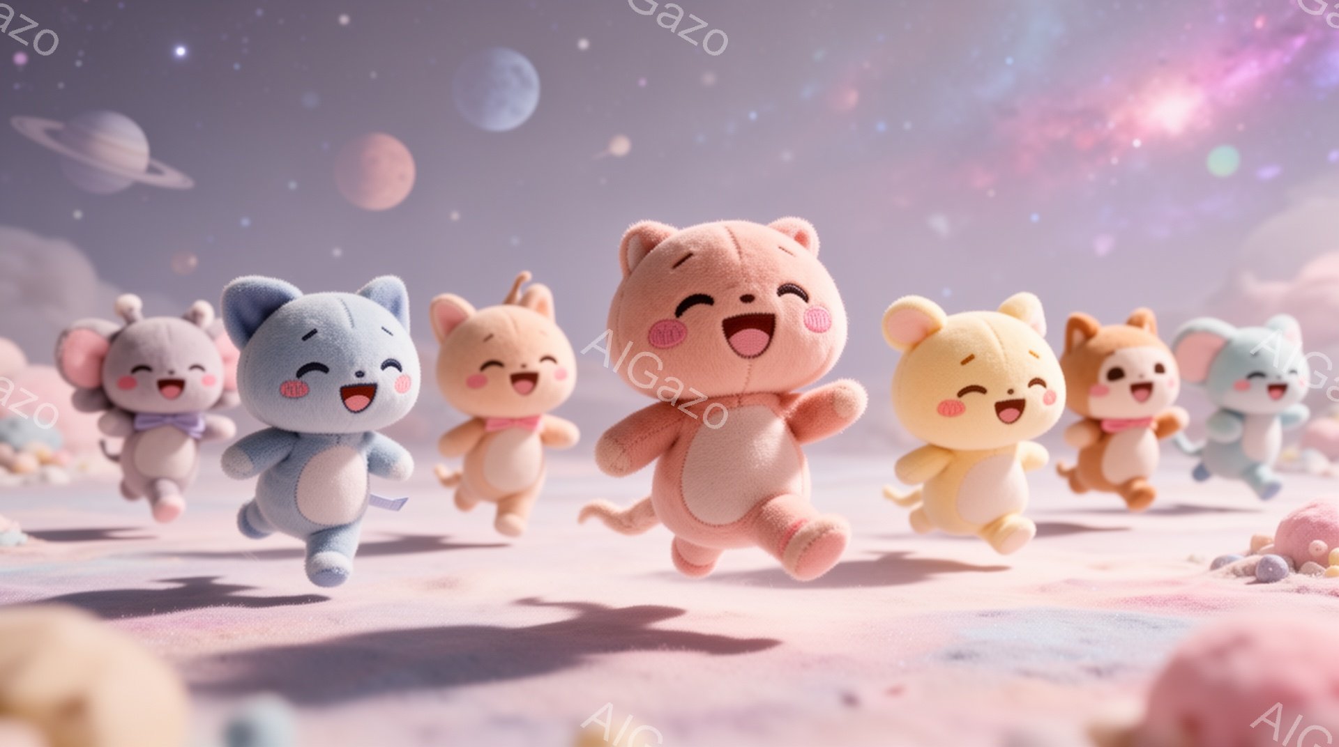 ふわふわしたピンク、水色、黄色、オレンジ、ミントグリーンの子猫たちが、ピンク色の土のような地面の上を嬉しそうに走っている。背景には、パステルカラーの雲と、いくつかの惑星や星々が浮かび、夢のような雰囲気を醸し出している。全体的に、柔らかく、可愛らしく、ファンタジーな世界観が表現されている。