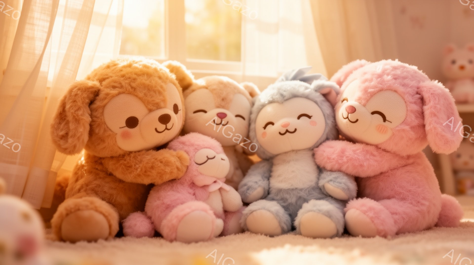 暖かく柔らかな光が差し込む室内で、複数のテディベアが寄り添って座っています。淡いオレンジ色、ピンク色、水色のふわふわとしたクマのぬいぐるみたちは、可愛らしい表情をしており、幸せな雰囲気を醸し出しています。背景にはぼんやりと他のぬいぐるみが見え、全体的に優しい色彩と丸みを帯びたフォルムが、ほっこりとした空間を作り出しています。