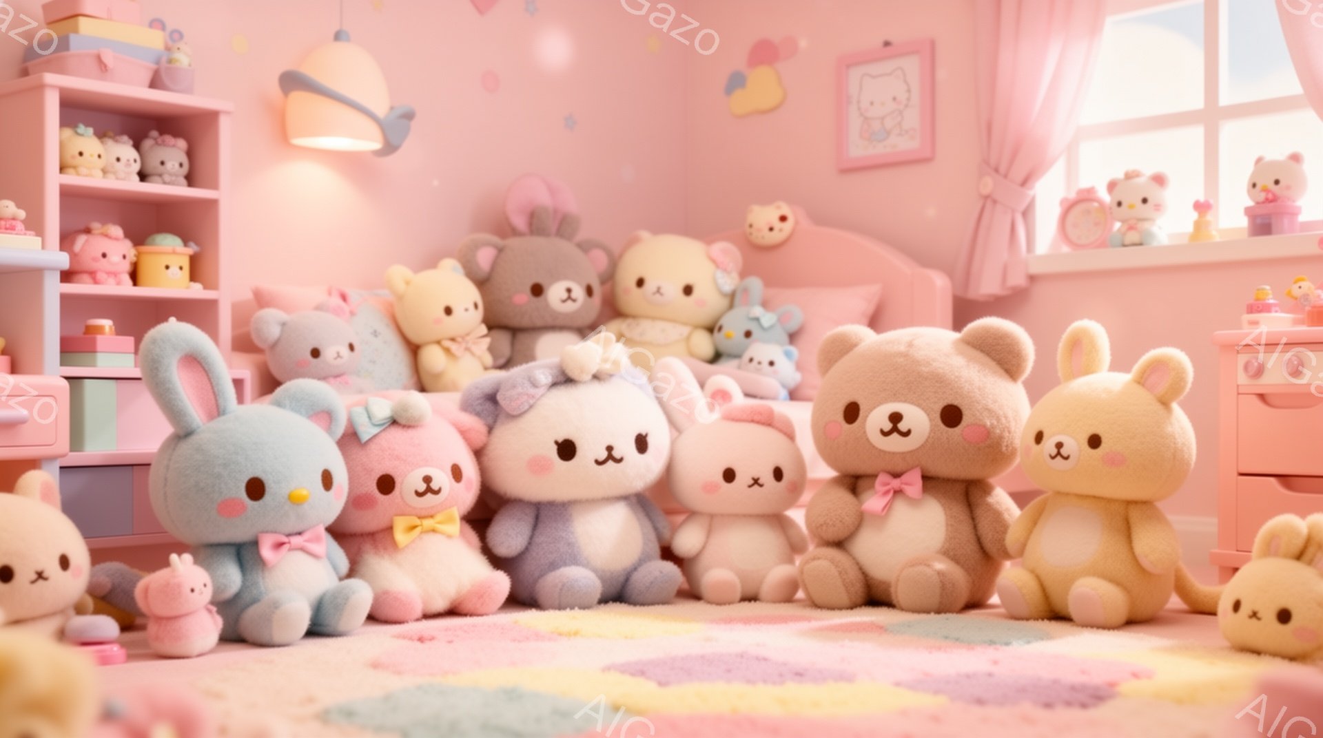 桃色の部屋の中に、ふわふわとした動物のぬいぐるみたちが集まっています。ピンク色のカーペットの上で、うさぎ、くま、子犬などのぬいぐるみたちが寄り添い、可愛らしい表情をしています。背景には、おもちゃやぬいぐるみが飾られた棚、窓から差し込む光、そしてパステルカラーの壁が広がっており、全体的に甘くて優しい雰囲気が漂っています。