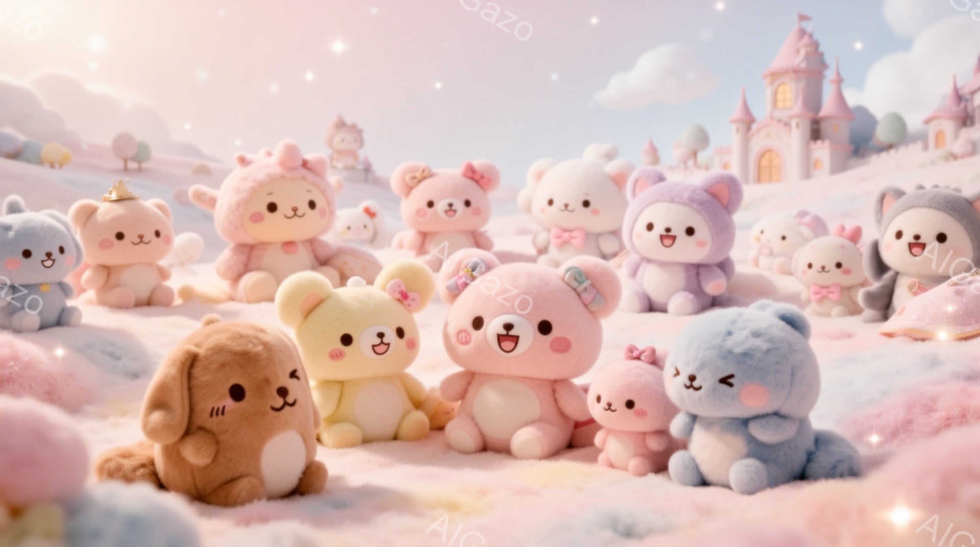 ふわふわとしたパステルカラーの動物のぬいぐるみたちが、雪景色の中に集まっています。ピンク、水色、茶色などの可愛らしい色合いで、中にはリボンや帽子を身につけているものもいます。背景には、お城のような建物や雪で覆われた丘が見え、全体的に夢のような、優しい雰囲気が漂っています。