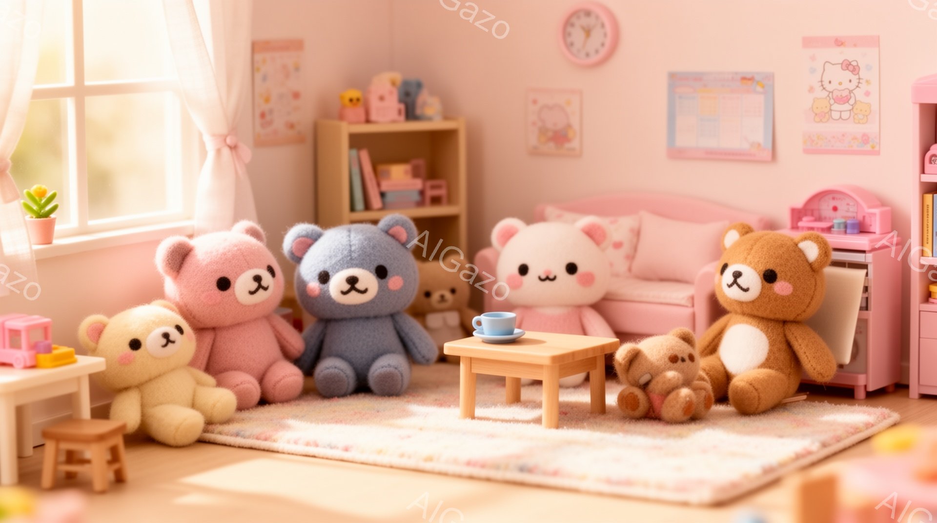 明るいピンク色の部屋に、様々な色のテディベアたちが集まってティータイムを楽しんでいます。テディベアたちはそれぞれピンク、青、白、茶色の毛並みを持ち、可愛らしい表情で小さなテーブルを囲んでいます。背景には、本棚や時計、ハローキティのポスターが飾られた、温かみのある雰囲気の子供部屋が広がっています。