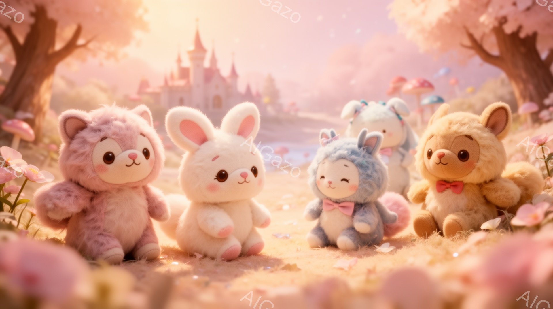 ピンク色のふわふわした毛並みのクマ、白いウサギ、水色のクマ、薄紫色のクマ、そして茶色のクマのぬいぐるみたちが、ピンク色の花々が咲き乱れる草原に座っている。背景にはお城が見え、桜の木と、小さなキノコが生えている。全体的に暖かく、夢のような、ファンタジーの世界の雰囲気が漂っている。