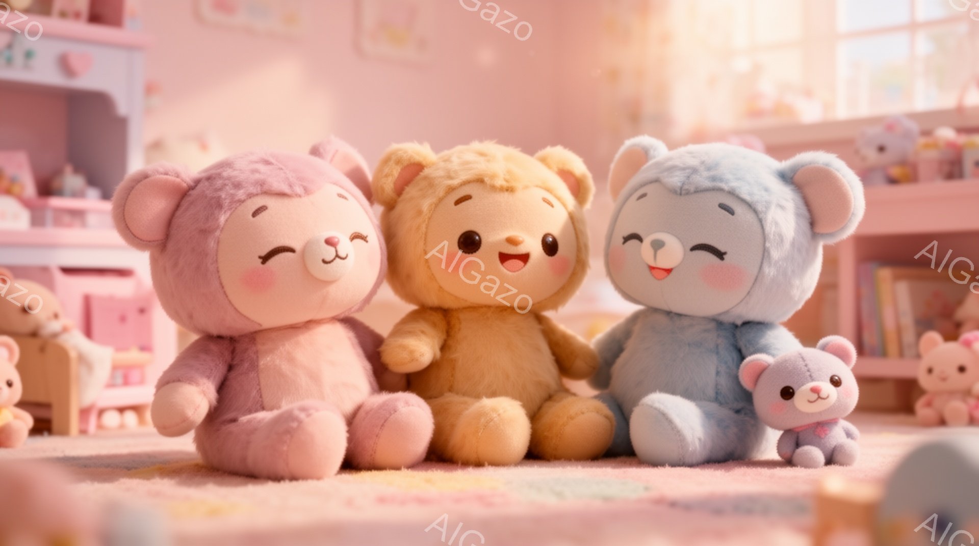 パステルカラーのテディベアが3匹、ピンク、黄色、水色の服を着て、おもちゃの多い部屋で座っています。彼らは皆、愛らしい表情で、特に中央のクマは大きく微笑んでいます。背景には、おもちゃ棚や積み木、カーペットがあり、全体的に暖かく、おとぎ話のような雰囲気です。