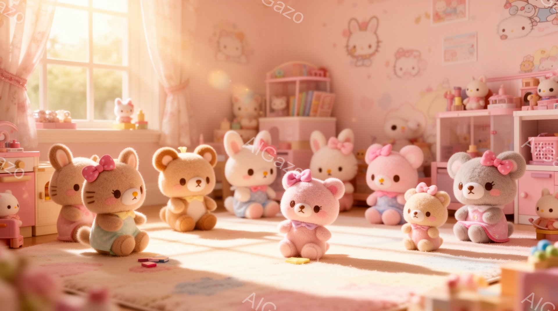柔らかいピンク色の背景に、かわいらしいぬいぐるみが円形に座っています。それぞれ異なる動物をモチーフにしたぬいぐるみは、パステルカラーの服を着ており、穏やかな表情を浮かべています。背景にはおもちゃの収納棚や窓から差し込む温かい光があり、夢のような雰囲気を醸し出しています。