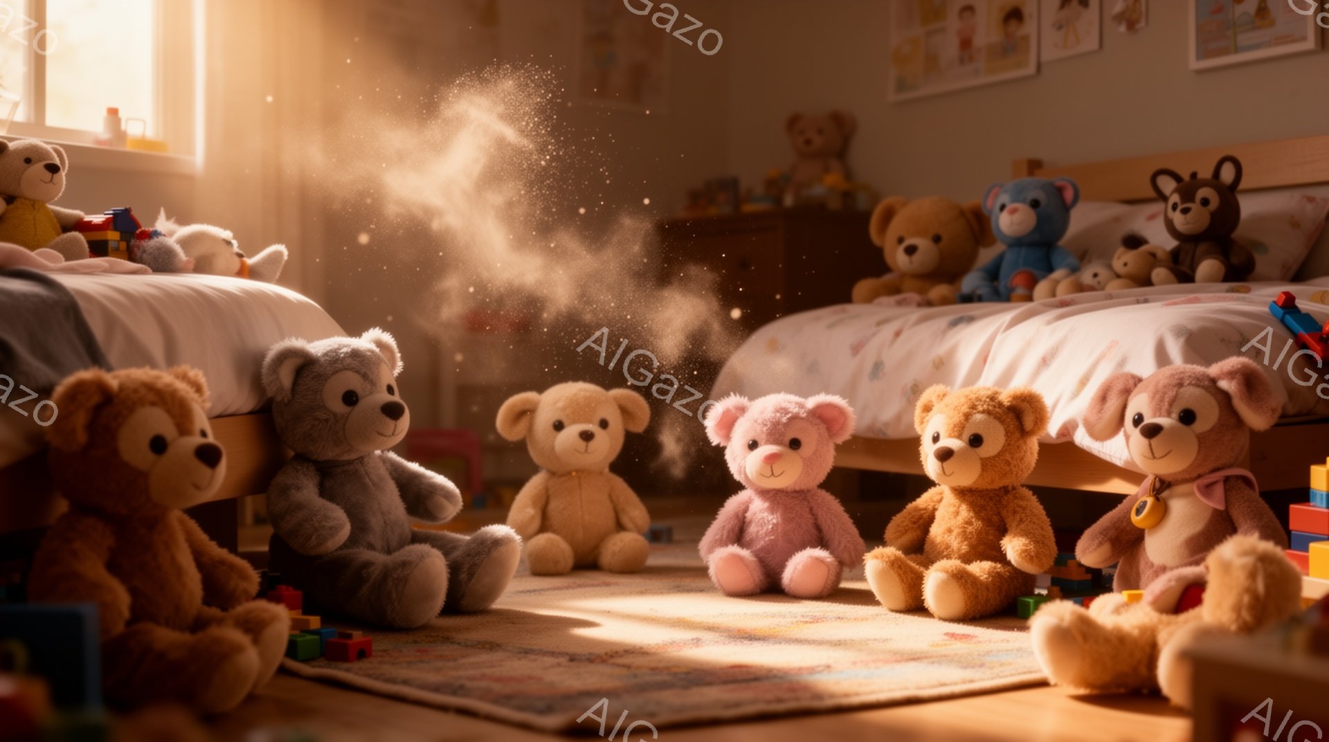 暖かく柔らかな光が差し込む子供部屋で、様々な色のテディベアたちが床に並んで座っています。ピンク、茶色、灰色など、それぞれのベアが少しずつ異なる表情を見せ、まるで人間のように愛らしい姿を見せています。背景にはおもちゃや本棚が見え、遊び心溢れる優しい雰囲気が漂っています。