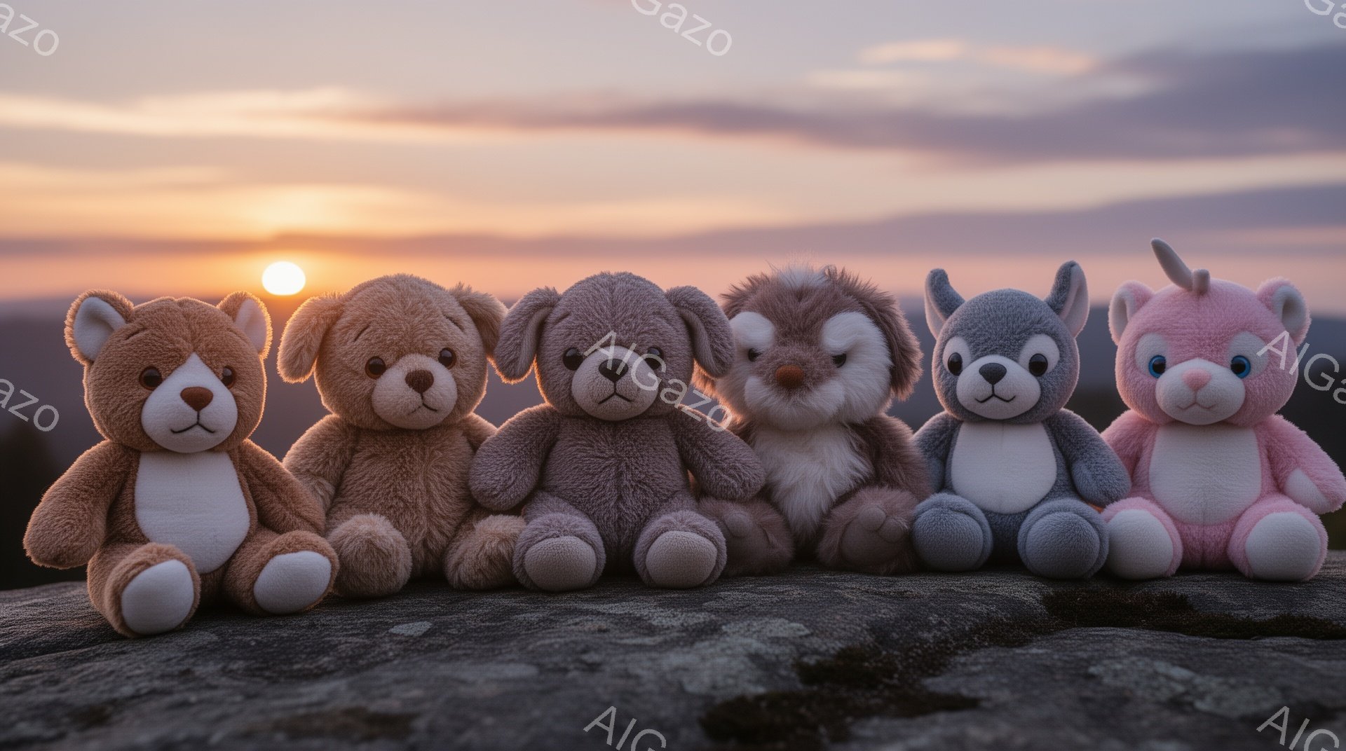 5匹の可愛いぬいぐるみたちが、岩の上に並んで座っています。背景には夕焼け空が広がり、オレンジ色と紫色のグラデーションが美しく、穏やかな雰囲気を醸し出しています。ぬいぐるみたちはそれぞれ異なる色と動物を模したデザインで、愛らしい表情をしています。