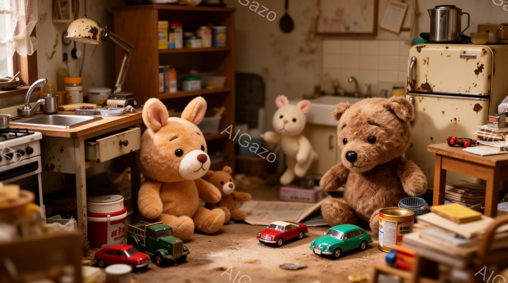 古びたキッチンを舞台に、テディベアとウサギの人形が並んでいます。テディベアは赤茶色の毛並みで、赤い缶やミニカーに囲まれ、少し乱雑な空間に置かれています。背景には、使用感のある冷蔵庫や棚、そして埃っぽい床があり、ノスタルジックで少し寂しげな雰囲気を醸し出しています。
