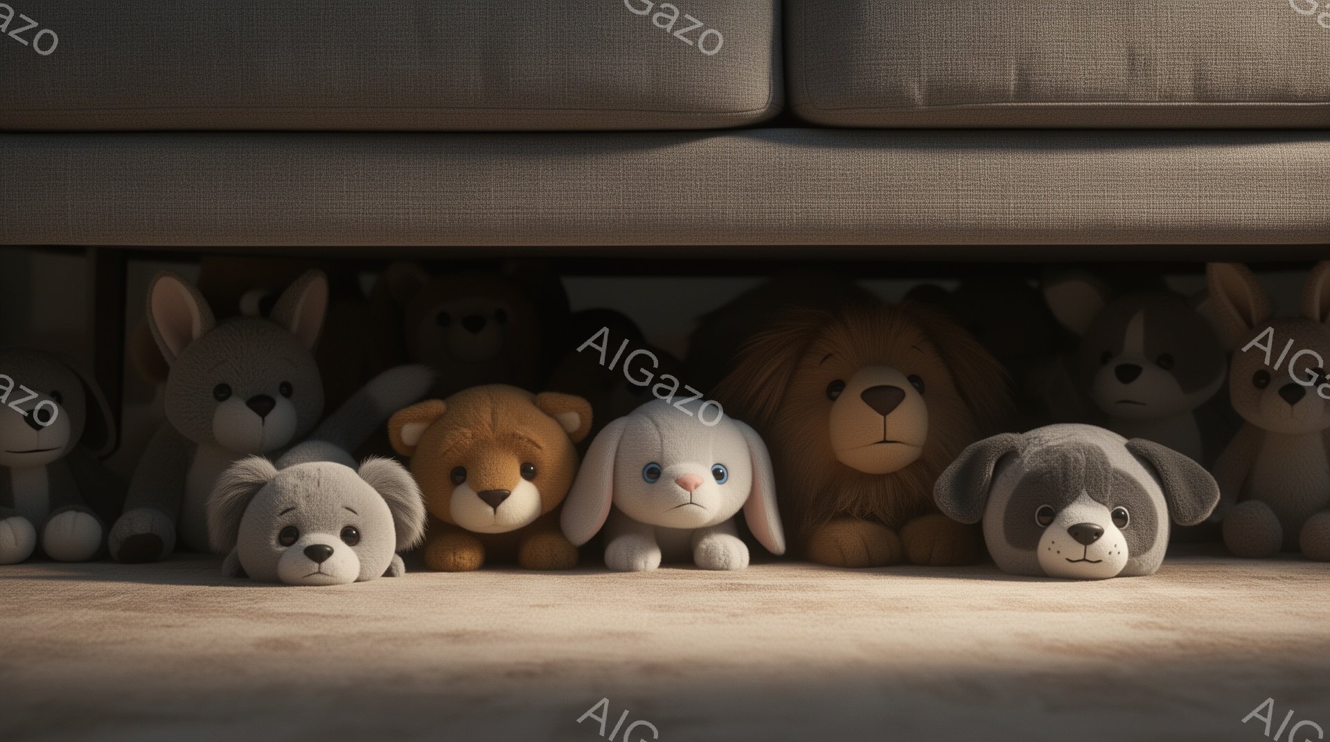 薄暗い部屋の床に、様々な種類のぬいぐるみたちが並んでいます。うさぎ、クマ、イヌ、ライオンなどが、まるで隠れるようにぎゅっと寄り添い、少し寂しげな雰囲気を醸し出しています。背景にはソファの一部が見え、全体的に暖かく、優しい光が差し込んだ空間が表現されています。