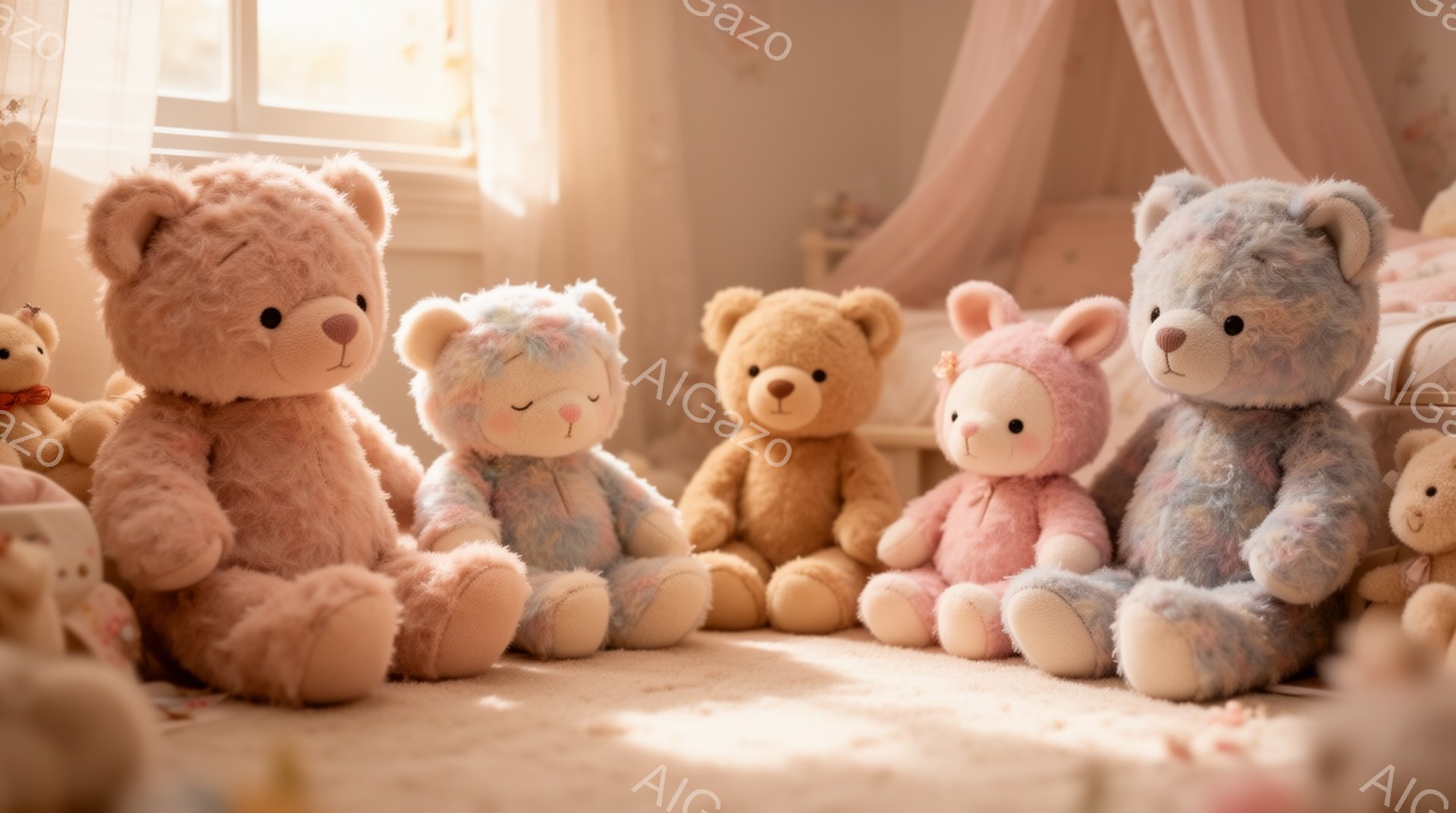 柔らかいピンク、青、茶色のテディベアたちが、薄いピンク色のカーペットの上に座って並んでいます。それぞれのベアは異なる色の服を着ており、特にピンク色のベアはフード付きの服を着用しています。背景にはぼやけたベッドと窓が見え、全体的に暖かく、夢のような雰囲気が漂っています。